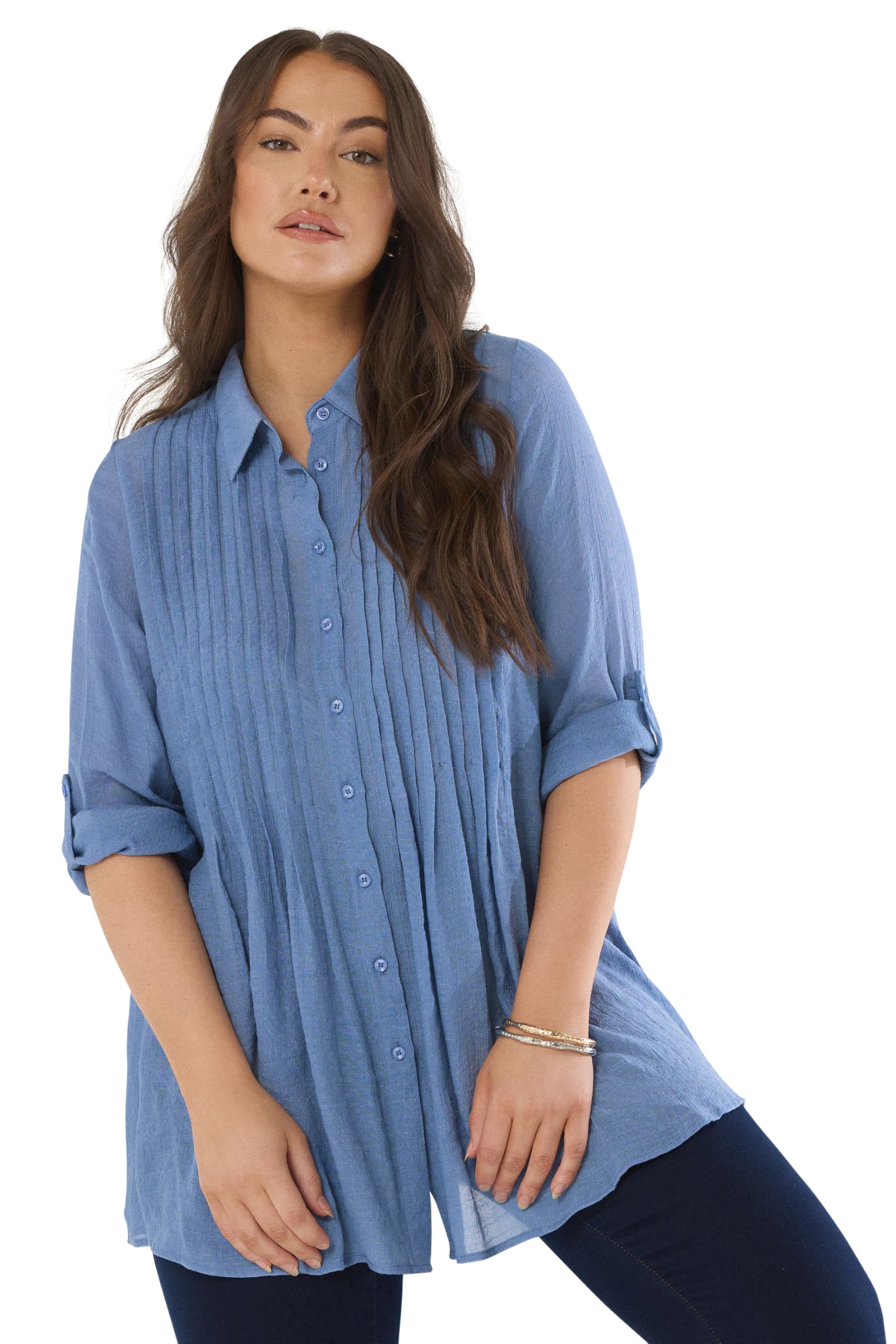 Evans Women's Blue Curve Pintuck Tab Sleeve Shirt - Plus Size Curve