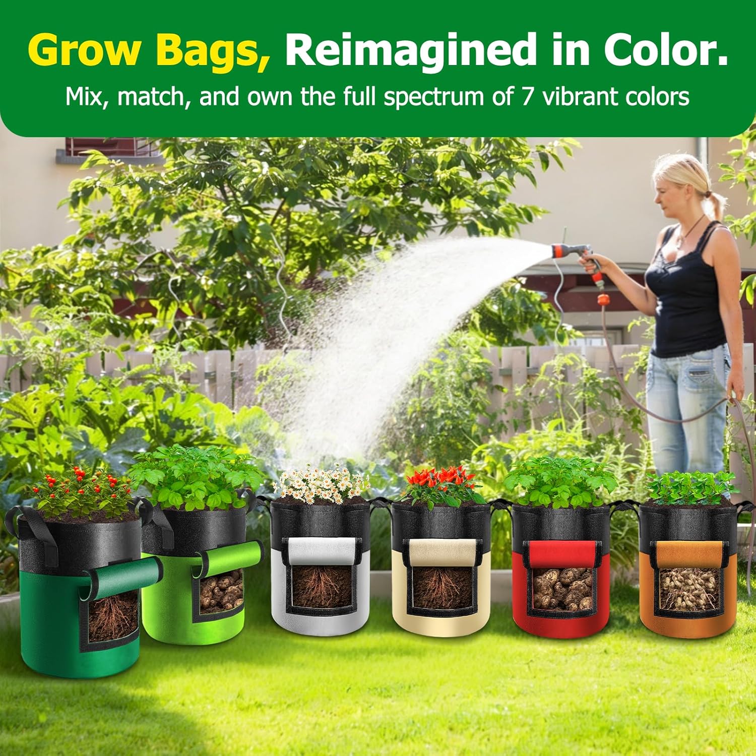 6 Pack Potato Grow Bags with Flap, 15 Gallon Grow Bags for Growing Potatoes, Colorful Durable Fabric Garden Planter Pots with Harvest Window for Tomatoes Vegetables Fruit Flowers Herbs