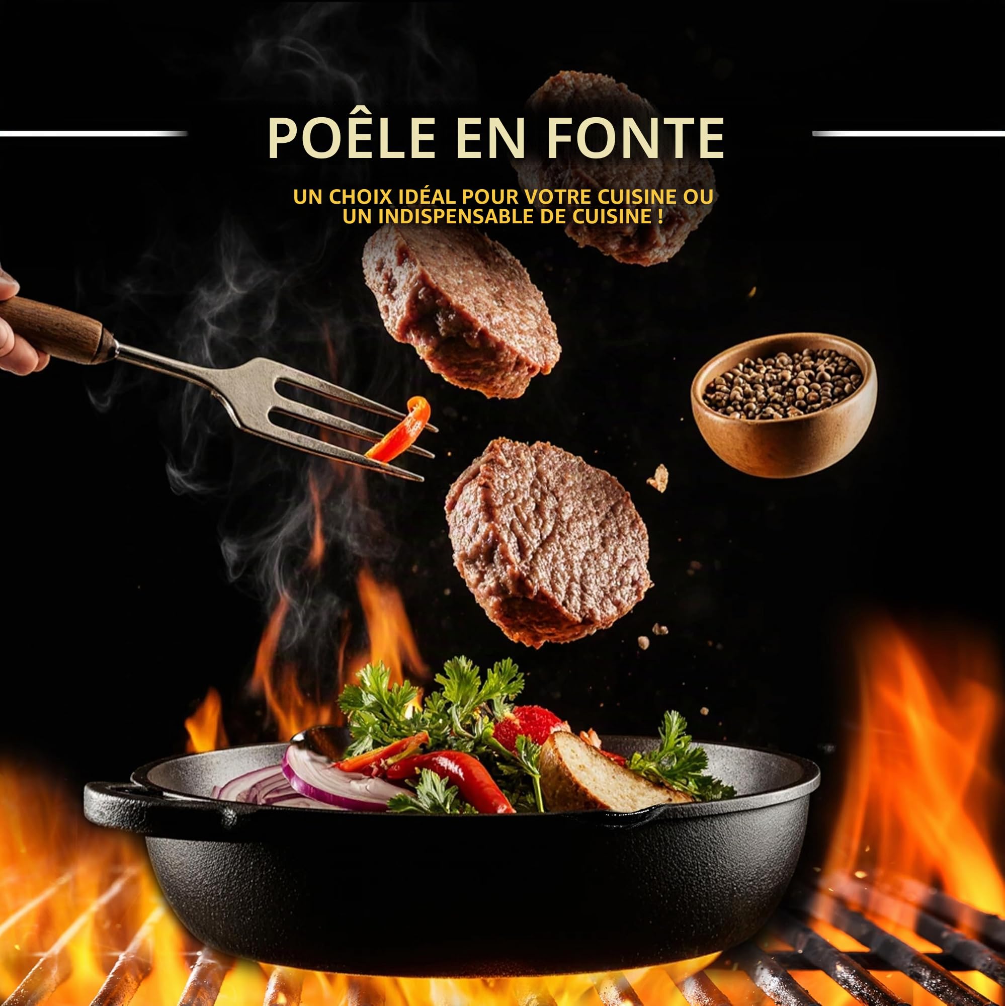 KICHLY Poêle en fonte pré-assaisonnée - Poêle à frire - ustensile de cuisson sûr pour l'intérieur et l'extérieur - Poêle en fonte de 12 pouces (30,5 cm)