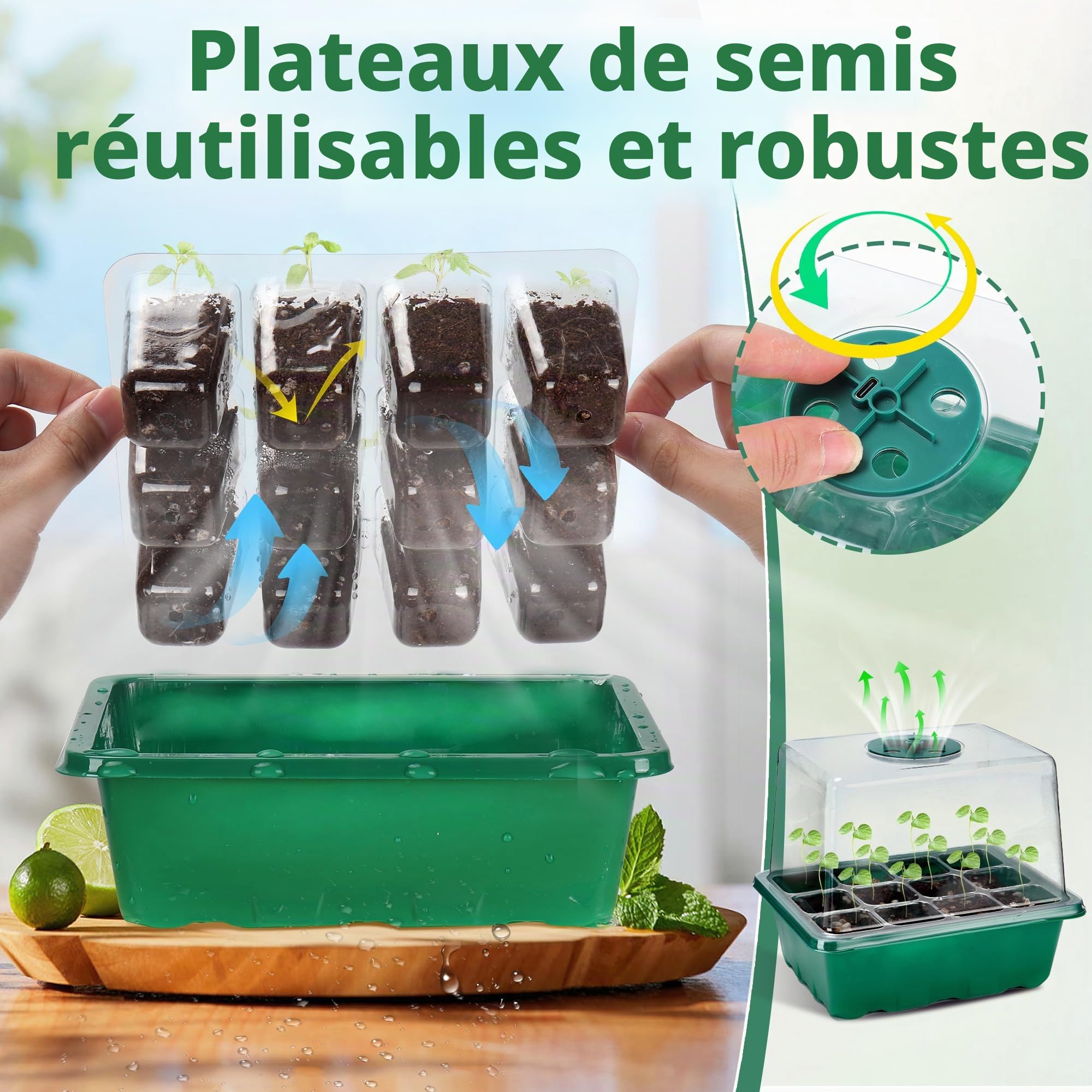 Lot de 4 plateaux de démarrage de semis avec lampe de croissance et tapis chauffant, kit de démarrage de 48 cellules avec dôme d’humidité réglable et base, kit de germination pour la culture