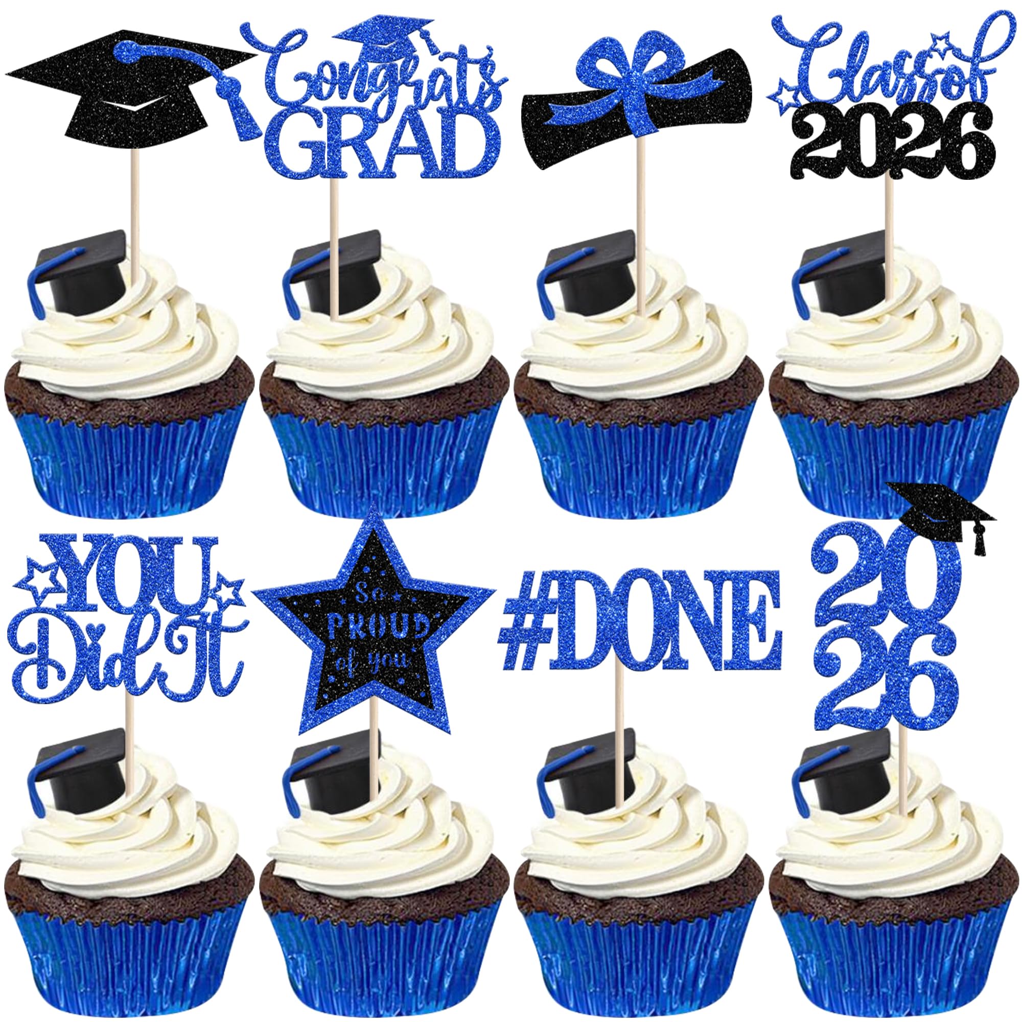 Xsstarmi 24 Pack 2026 Graduation Cupcake Toppers Blue Glitter Star You Did It Diploma Done Cupcake Picks for Congrats Grad 2026 Graduation Party Cake Decorations Supplies