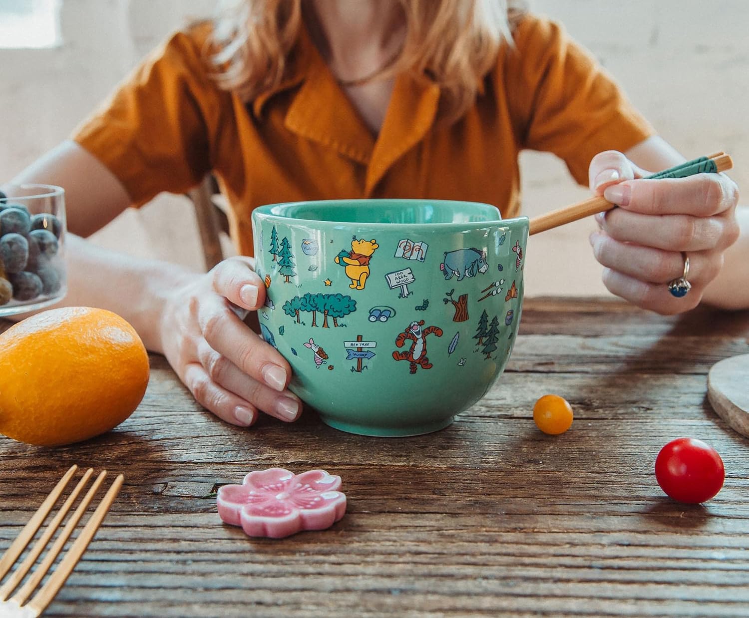 Toynk Disney Winnie the Pooh Allover Icons Ceramic Dinnerware Set | Includes 20-Ounce Ramen Noodle Bowl and Wooden Chopsticks