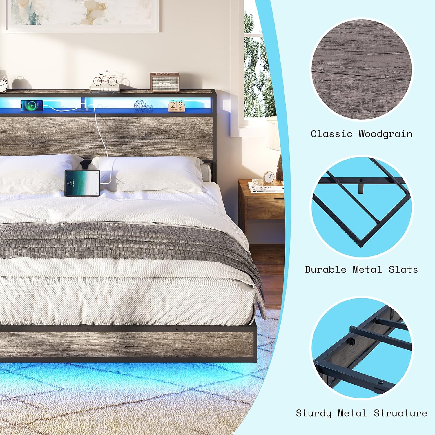 AMERLIFE King Size Floating Bed Frame with 2-Tier Storage Headboard, Metal Bed Frame with Charging Station & LED Lights, No Box Spring Needed, Rustic Grey
