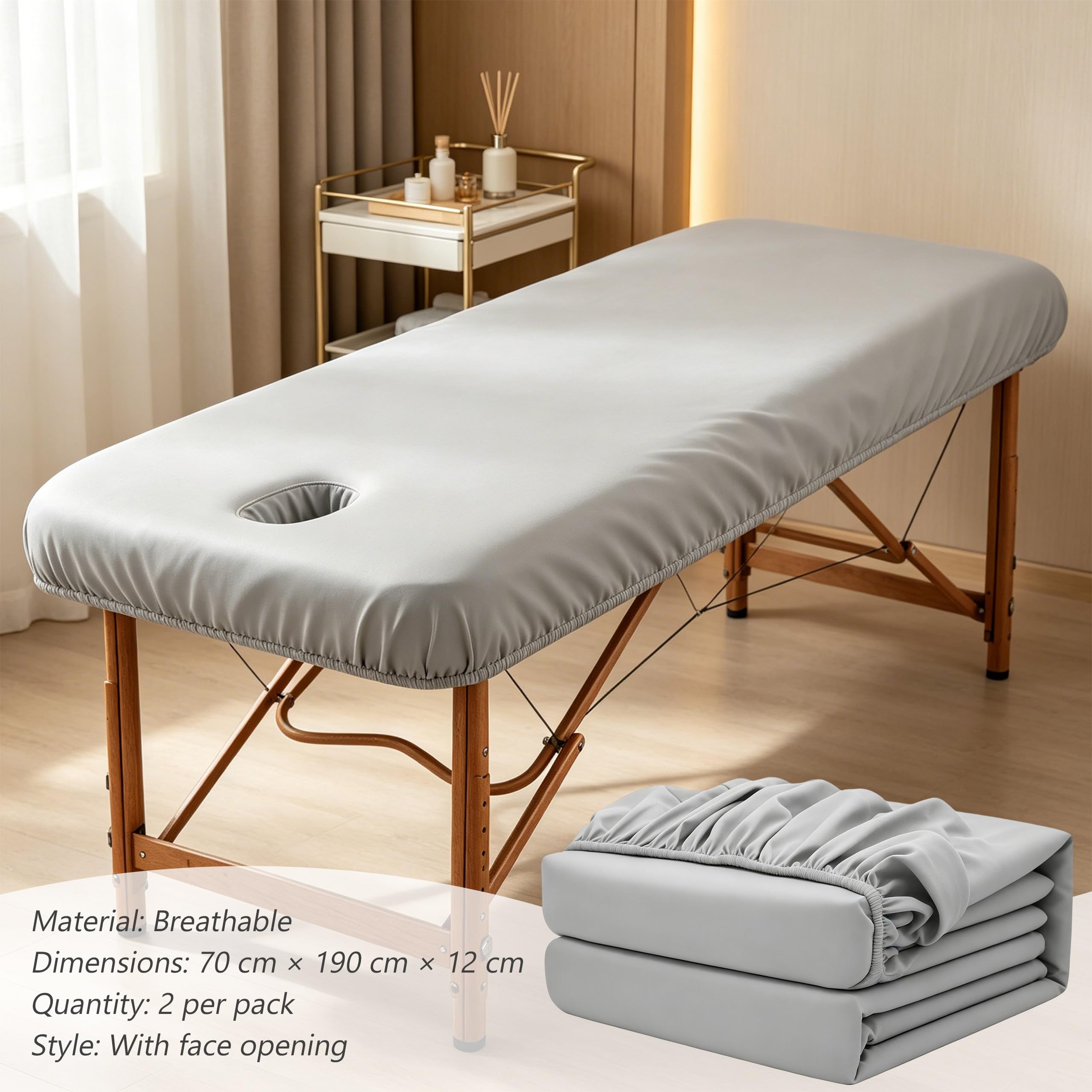 2 Stück Spannbezug für Massageliegen mit Loch, Waschbar, aus Strapazierfähigem Material, für Kosmetik-Tische, Spa, Schönheits, Grau, 80 x 190 cm