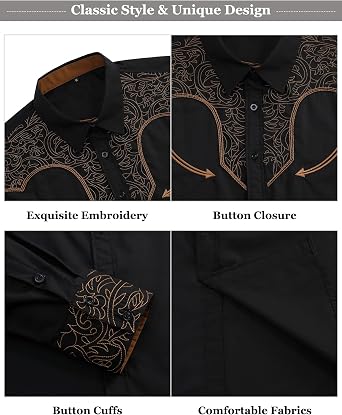 TURETRENDY Men's Western Embroidered Long Sleeve Cowboy Button Down Shirt