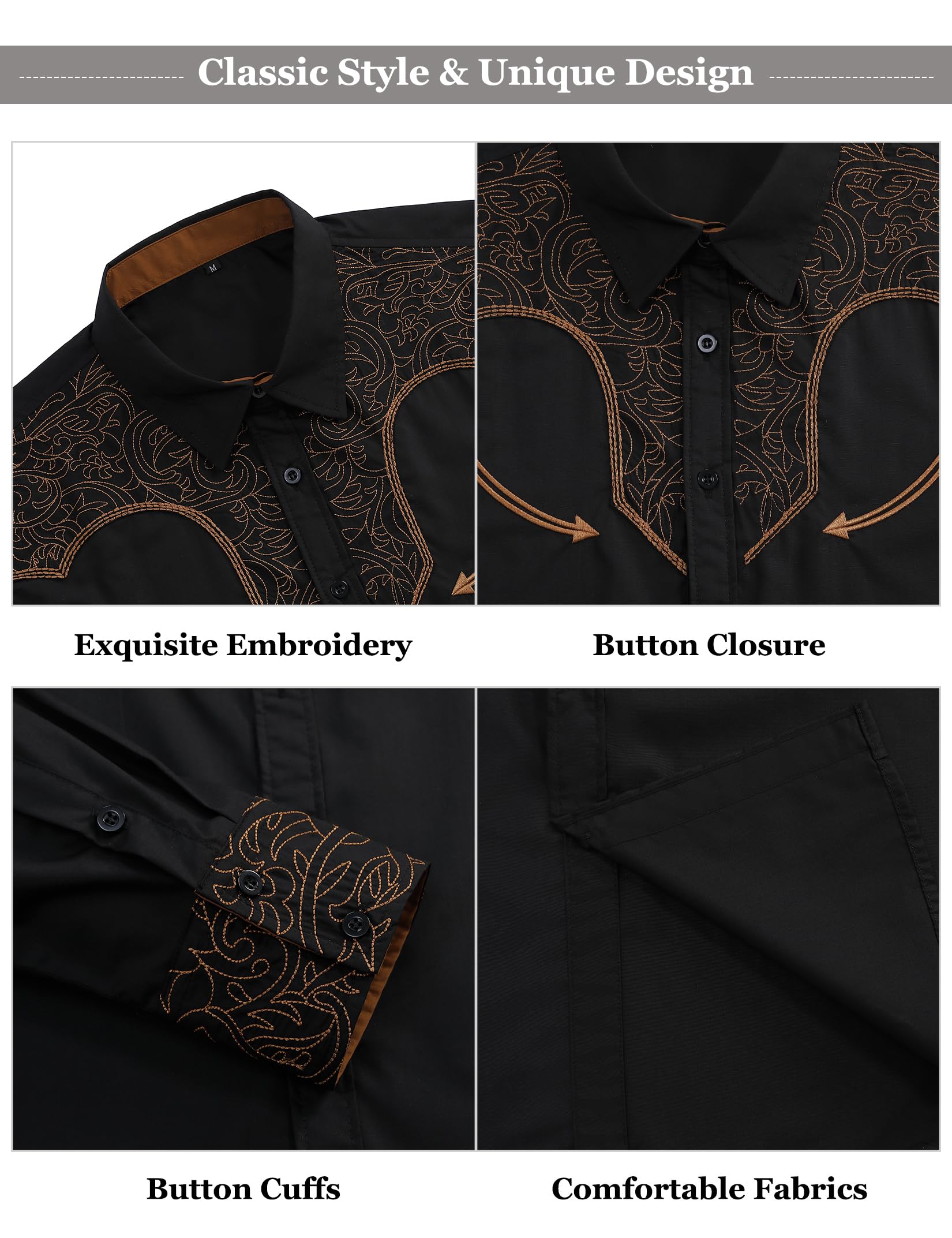 TURETRENDY Camisa vaquera occidental para hombre, bordada, manga larga, ajustada, casual, con botones, estilo hippie