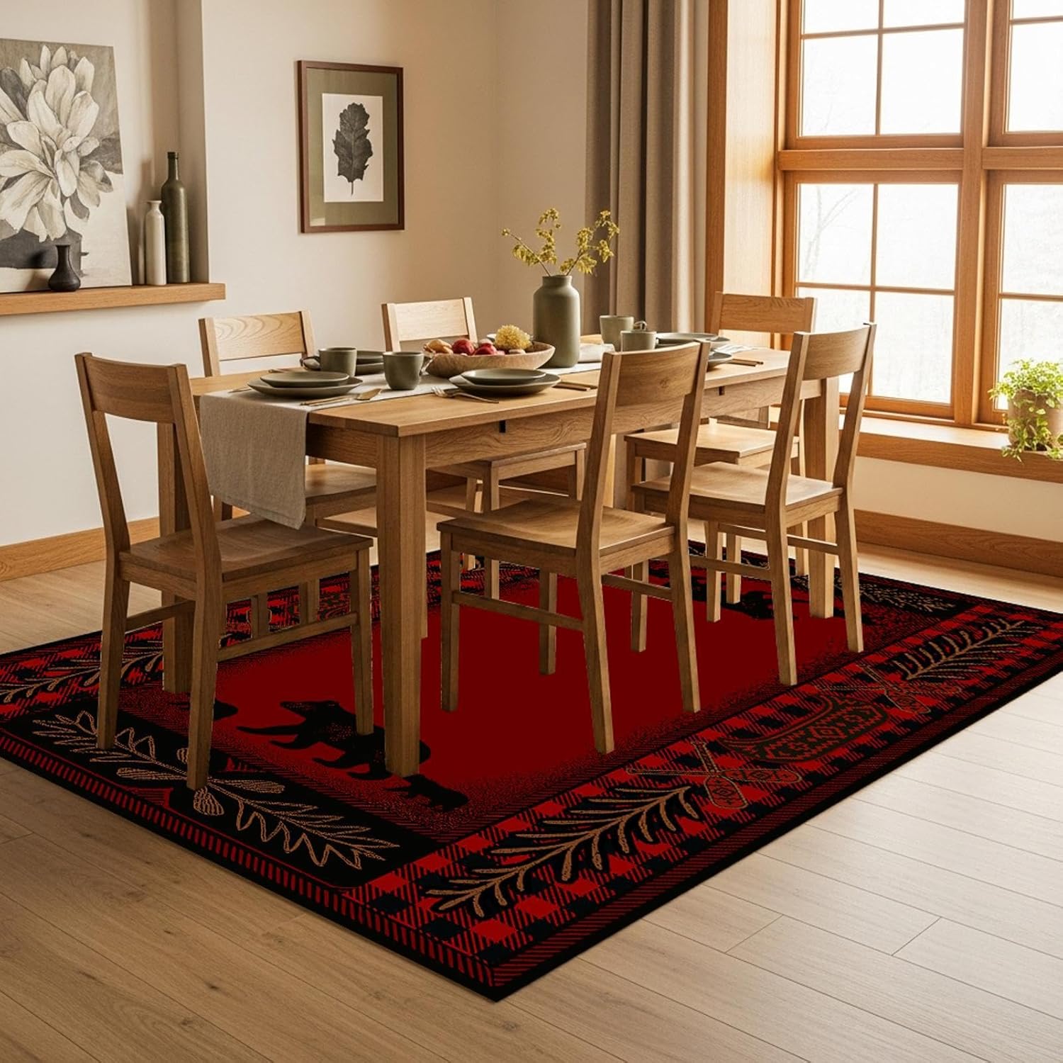 Rustic Bear Family Area Rug 4'x6', Buffalo Plaid Cabin Lodge Rug with Wildlife Bear Silhouette, Non Slip Low Pile Rug for Living Room Bedroom