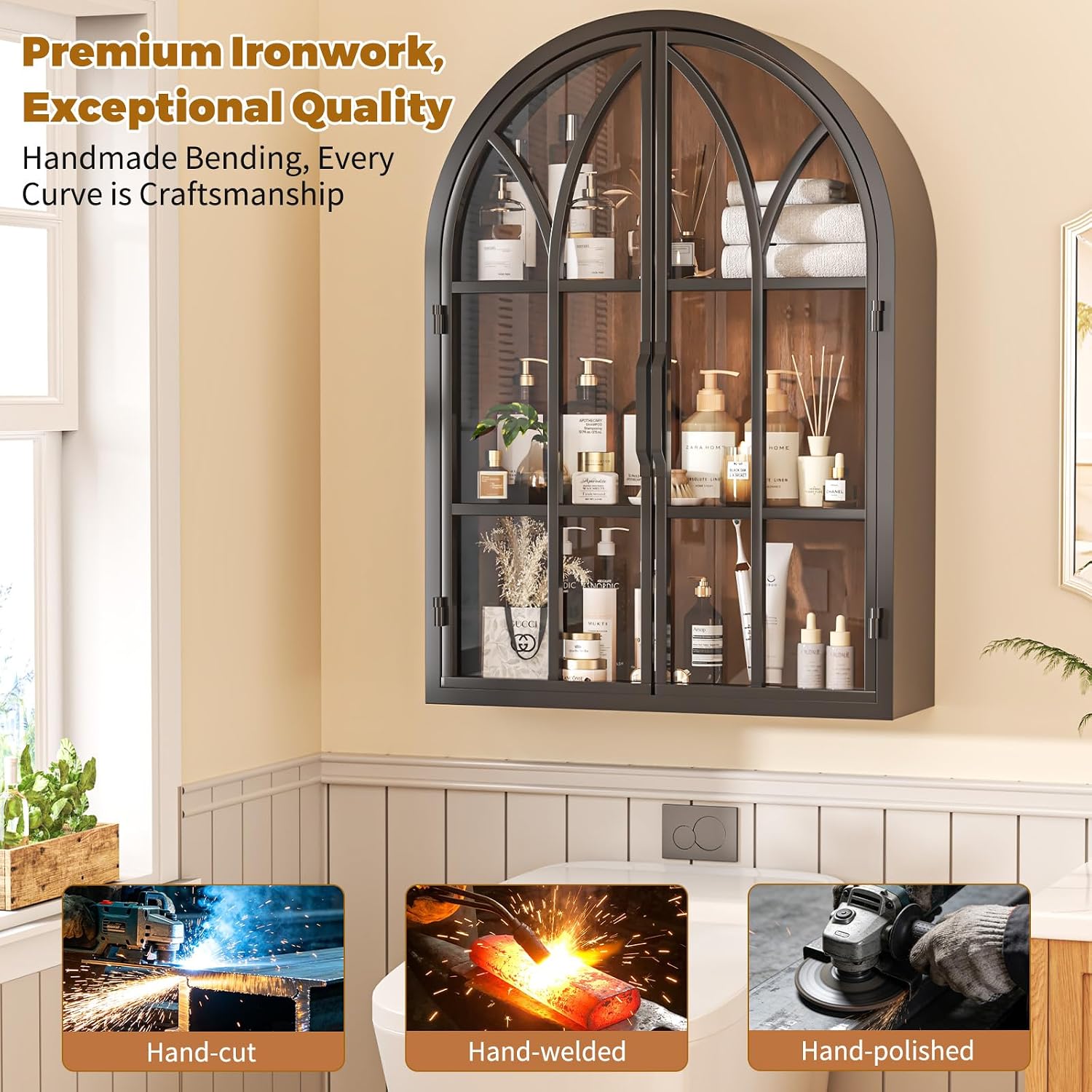 Bathroom Arched Wall Cabinet with Glass Door - NO Assembly Required - Handmade Metal Arch Medicine Cabinet Wall Mounted, Over The Toilet Hanging Storage Cabinet with Wooden Shelf, Style 4