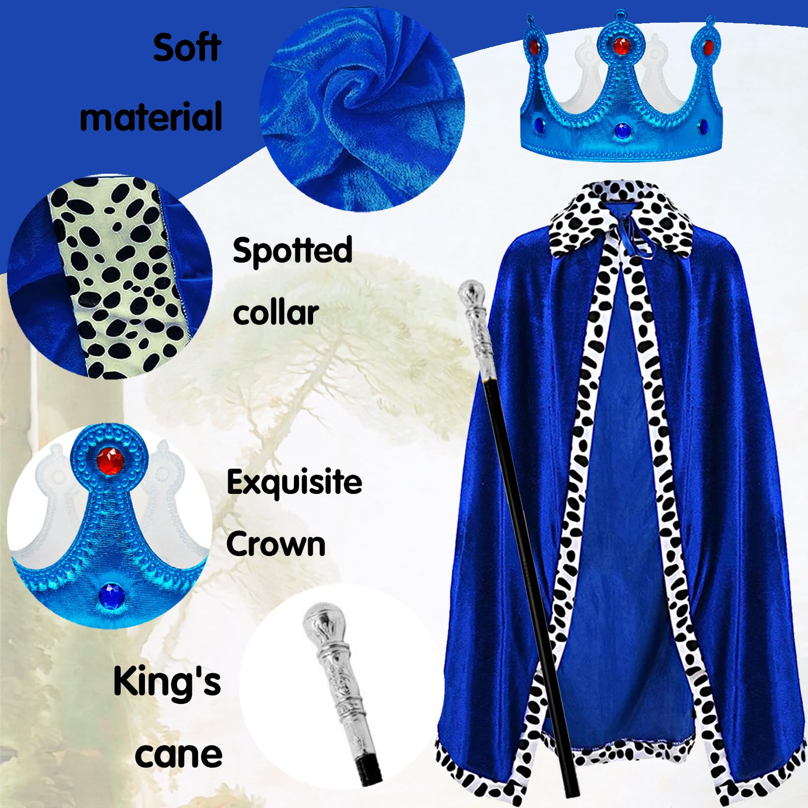 YOUYIKE 3 Pezzi Costume Da Re Per Adulti, Mantello Reale Costume, Mantello Del Re con Corona e scettro, per Carnevale Halloween Natale Festa Festa a 130cm
