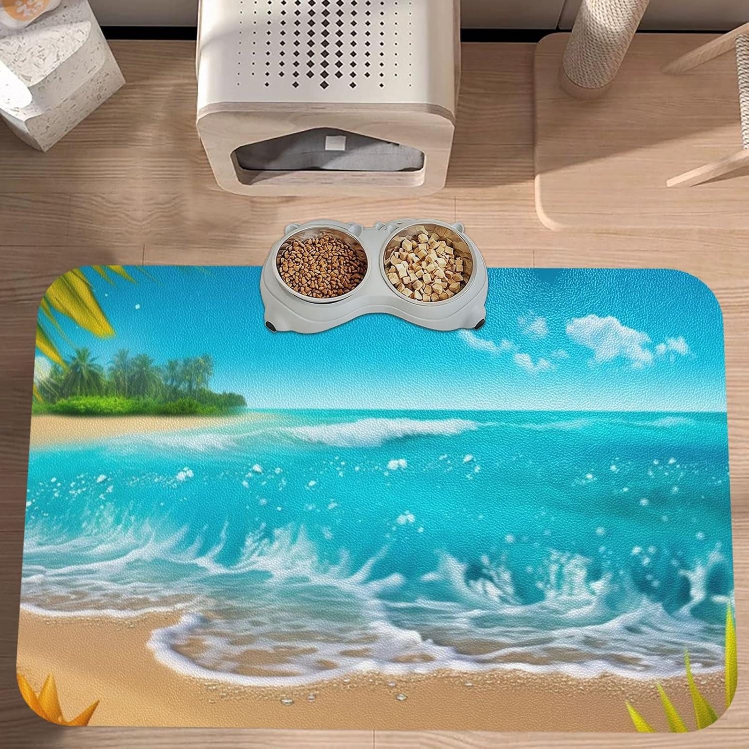Pet Feeding Mat Absorbent Quick Dry Dog Food Mats Cute Non-Slip Rubber Pet Feeding Rug Tropical Blue Sea Beach Cat Water Bowl Mats Pet Placemat for Food Water 30x45cm