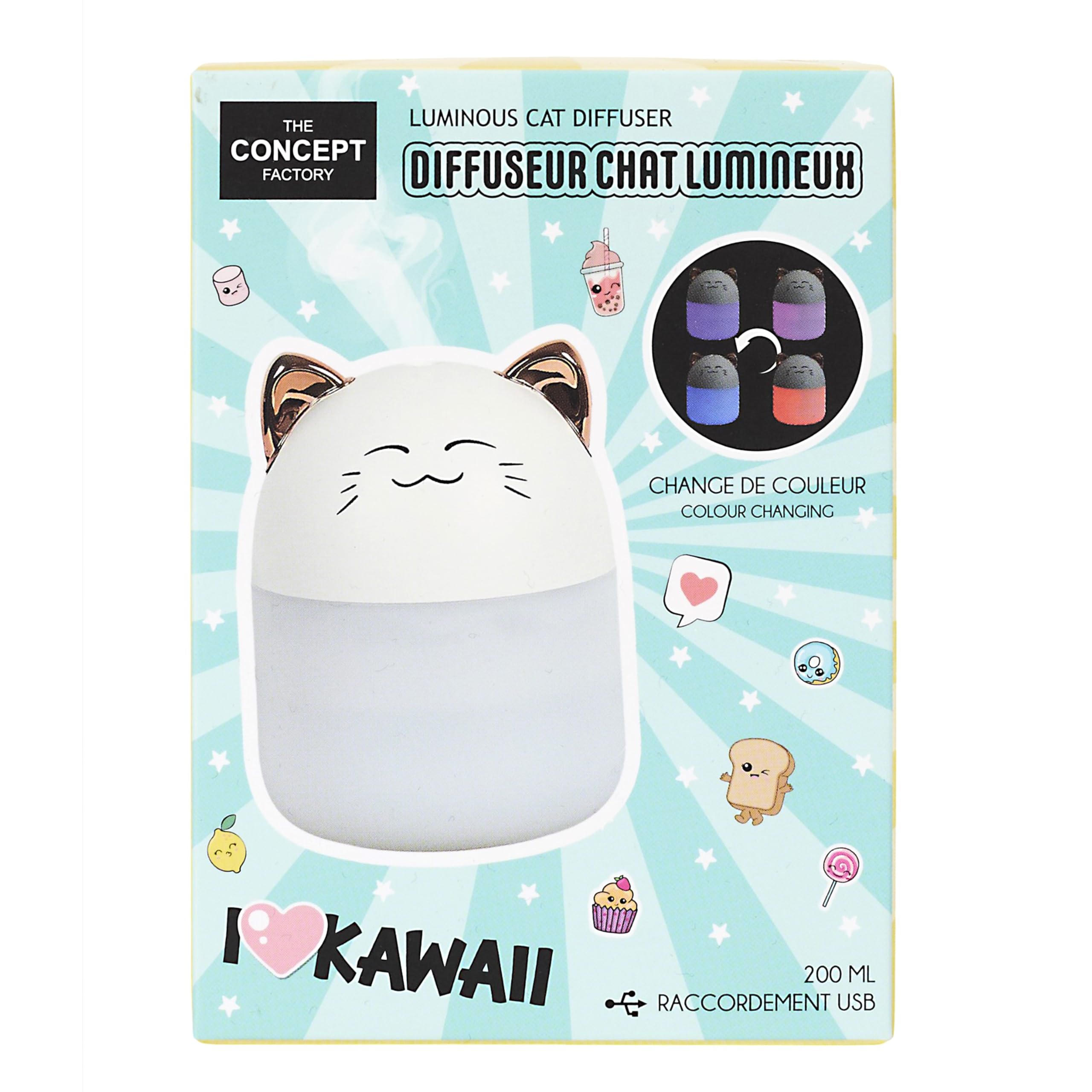 HOME DECO FACTORY, VE6082, dyfuzor olejków eterycznych Led'Kawaii Cat, uroczy design, wielokolorowe oświetlenie LED, idealne do domu, relaksująca atmosfera, kompaktowy rozmiar, różne wzornictwo