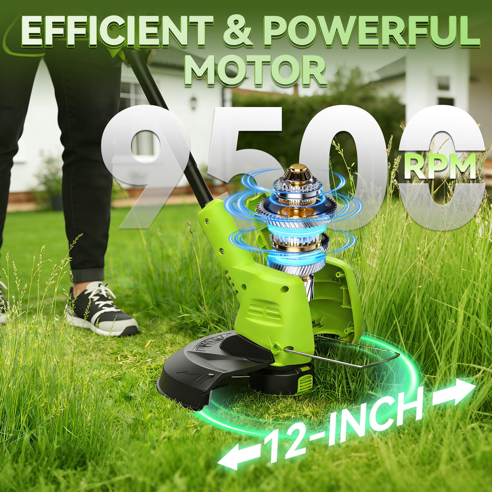 Weed Eater inalámbrico de 20 V con 9500 RPM, desmalezadora eléctrica de 12 pulgadas, recortadora de hilo inalámbrica 3 en 1, ligera, 3.5 libras, recortadora de césped con cabezal giratorio de 180°, 2