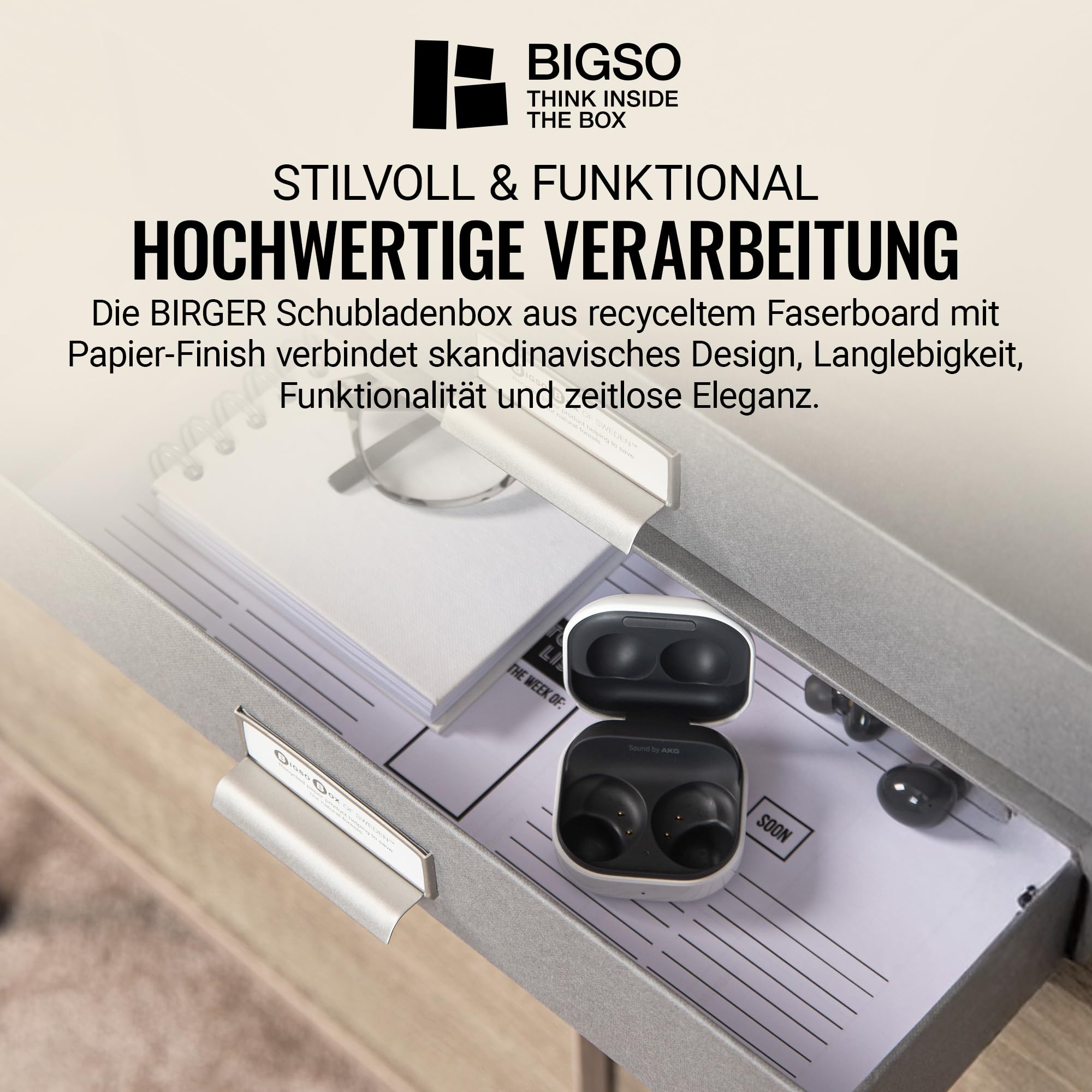 BIGSO BIRGER Schubladenbox – Aufbewahrungsbox mit 2 Schubladen – Schreibtisch Ablage für Dokumente & Bürobedarf – Ablagesystem aus recycelter Faserplatte und Papier – grau