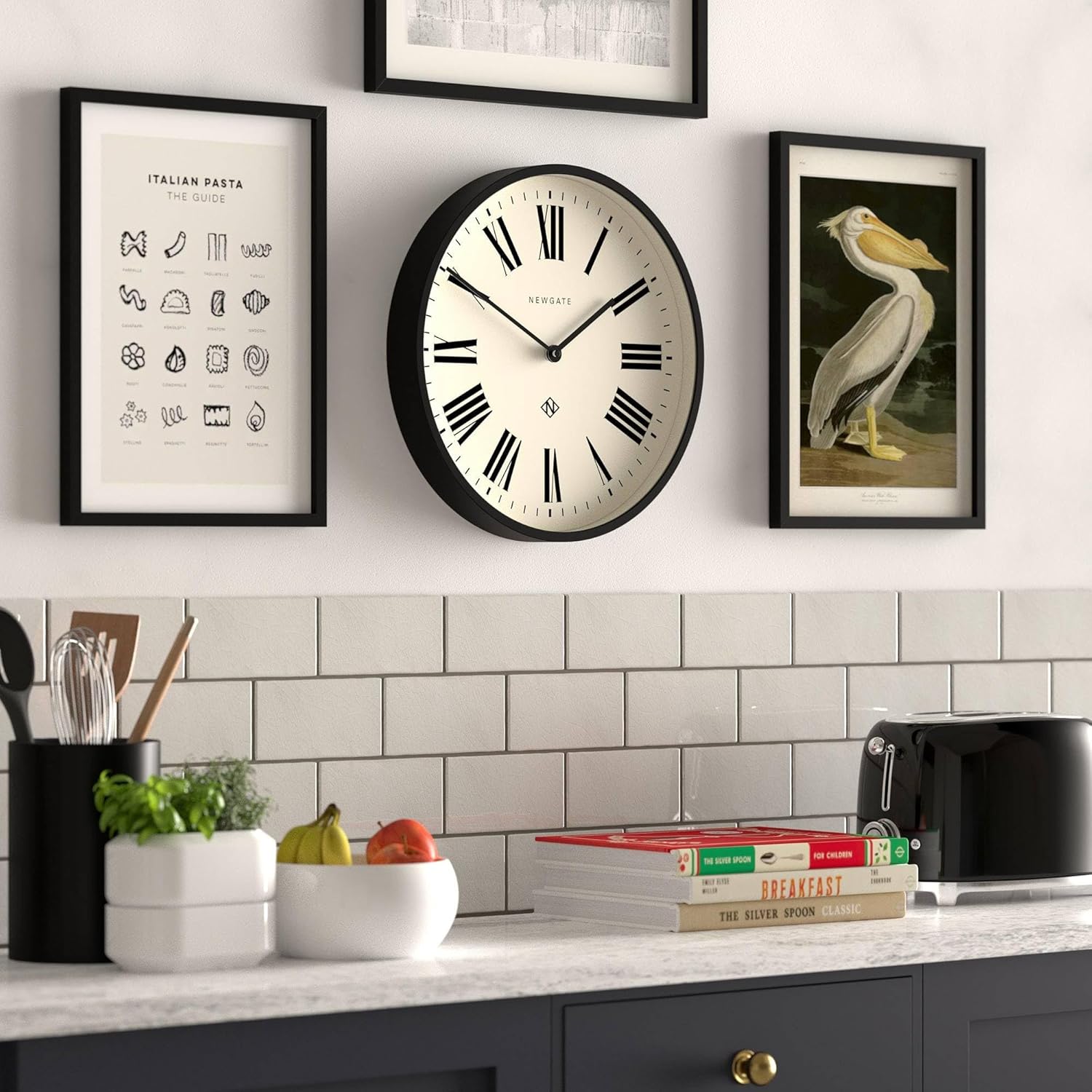 NEWGATE® Italian Wall Clock | Modern Round Clock | 37cm | Black | Roman Numerals | Ideal for Kitchen, Living Room or Office