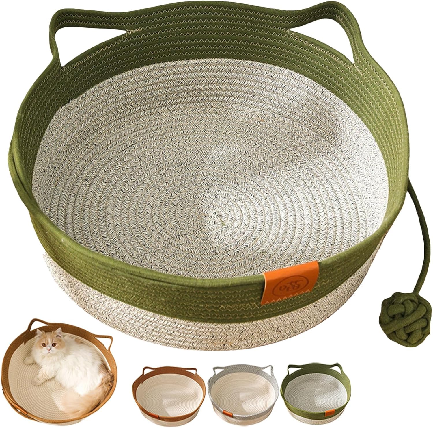Woven Cat Bed with Scratching Sides & Hanging Rope Ball, Washable Linen Round Cat Basket with Handles for Indoor Cats & Small Dogs, 35/42/48 cm, Brown/Grey/Green (Green, 35)