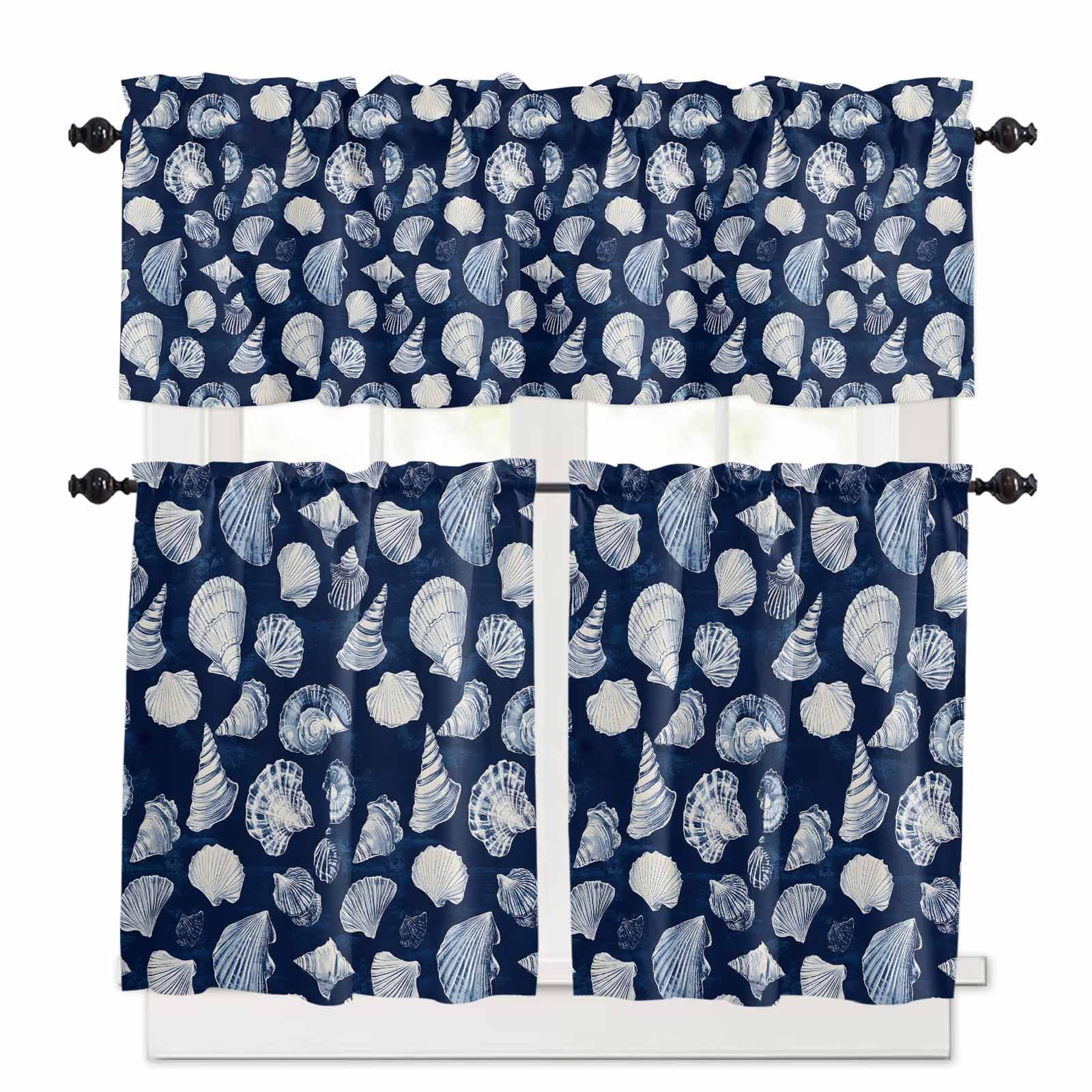 Navy Blue Coastal Kitchen Curtains 36 Inch Length, 3 Piece Rod Pocket Small Half Tiers and Valance Set, Shell Conch Summer Beach Nautical Small Large Window Treatment Decor for Bedroom/Bathroom Sink