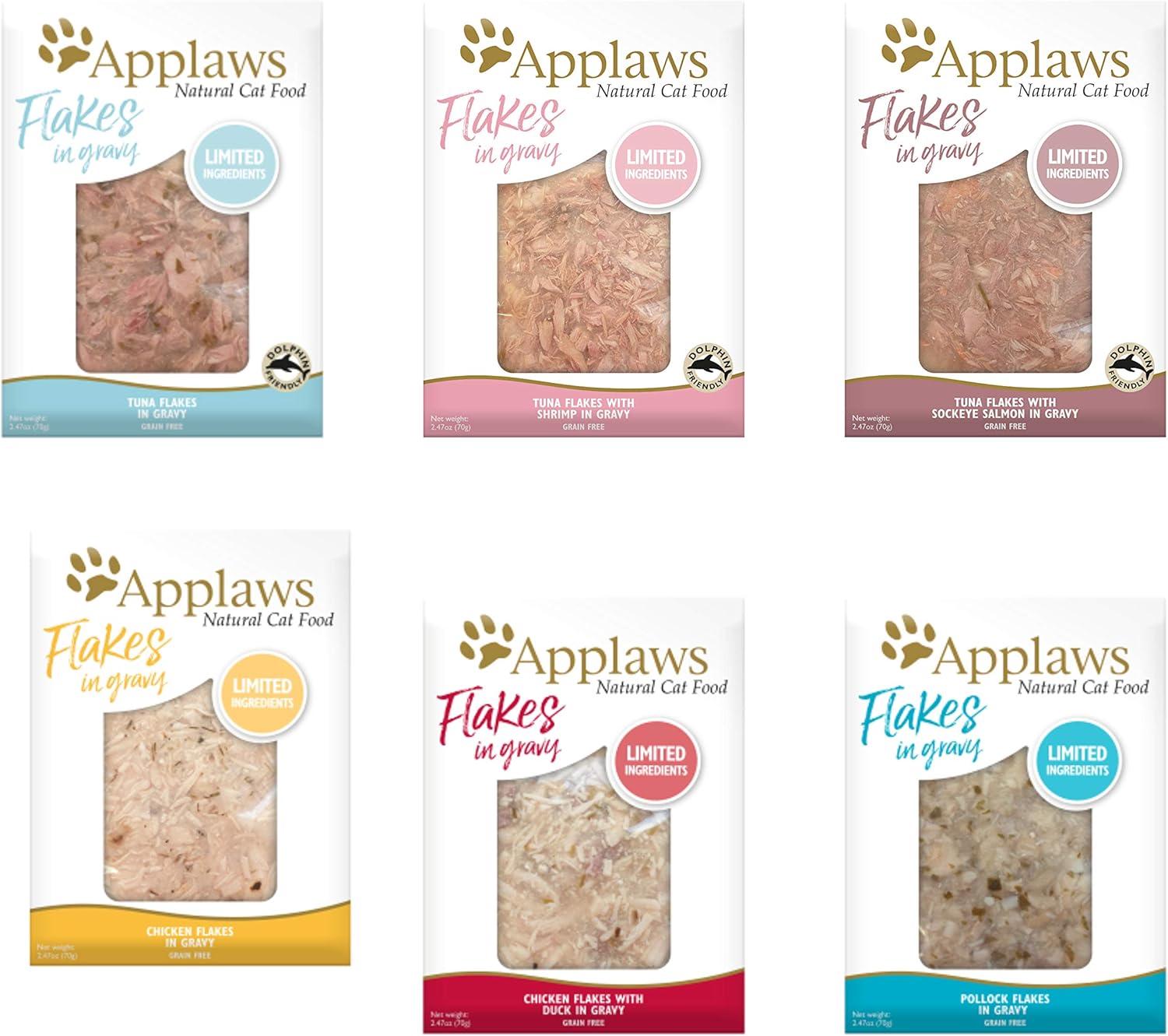 Applaws Flakes in Gravy Cat Food 6 Flavor Variety Bundle (2.47 Ounces Each, 12 Pouches Total)