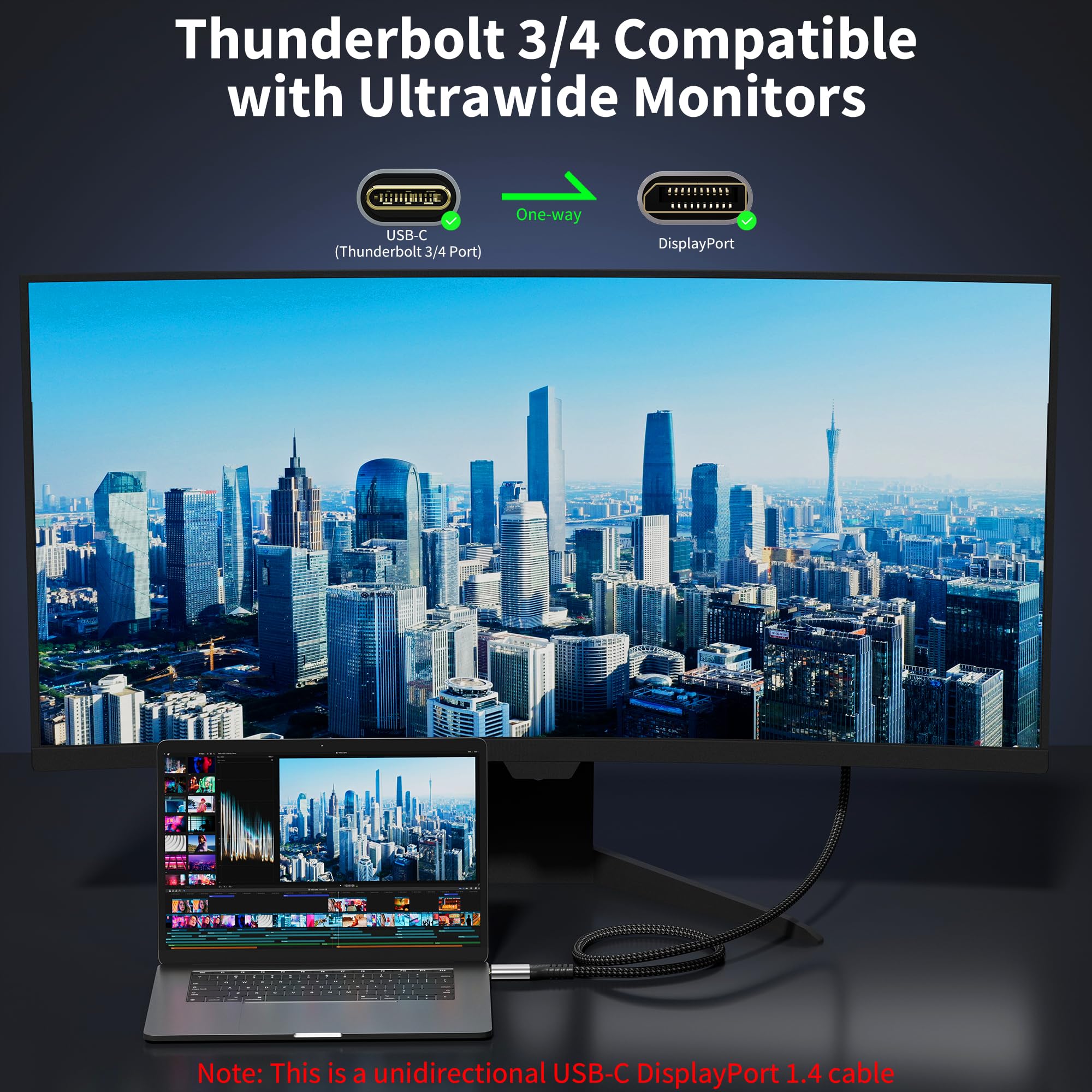 Câble USB-C vers DisplayPort 1.4,1m 8K@60Hz/30Hz,4K@240Hz/144Hz,HDR,VRR,Thunderbolt 4/3 DP1.4,compatible avec iPhone 17 Pro/17 Pro Max/16/15,MacBook Pro/Air,Mac,iPad Pro/Air 5,Surface Pro et XPS