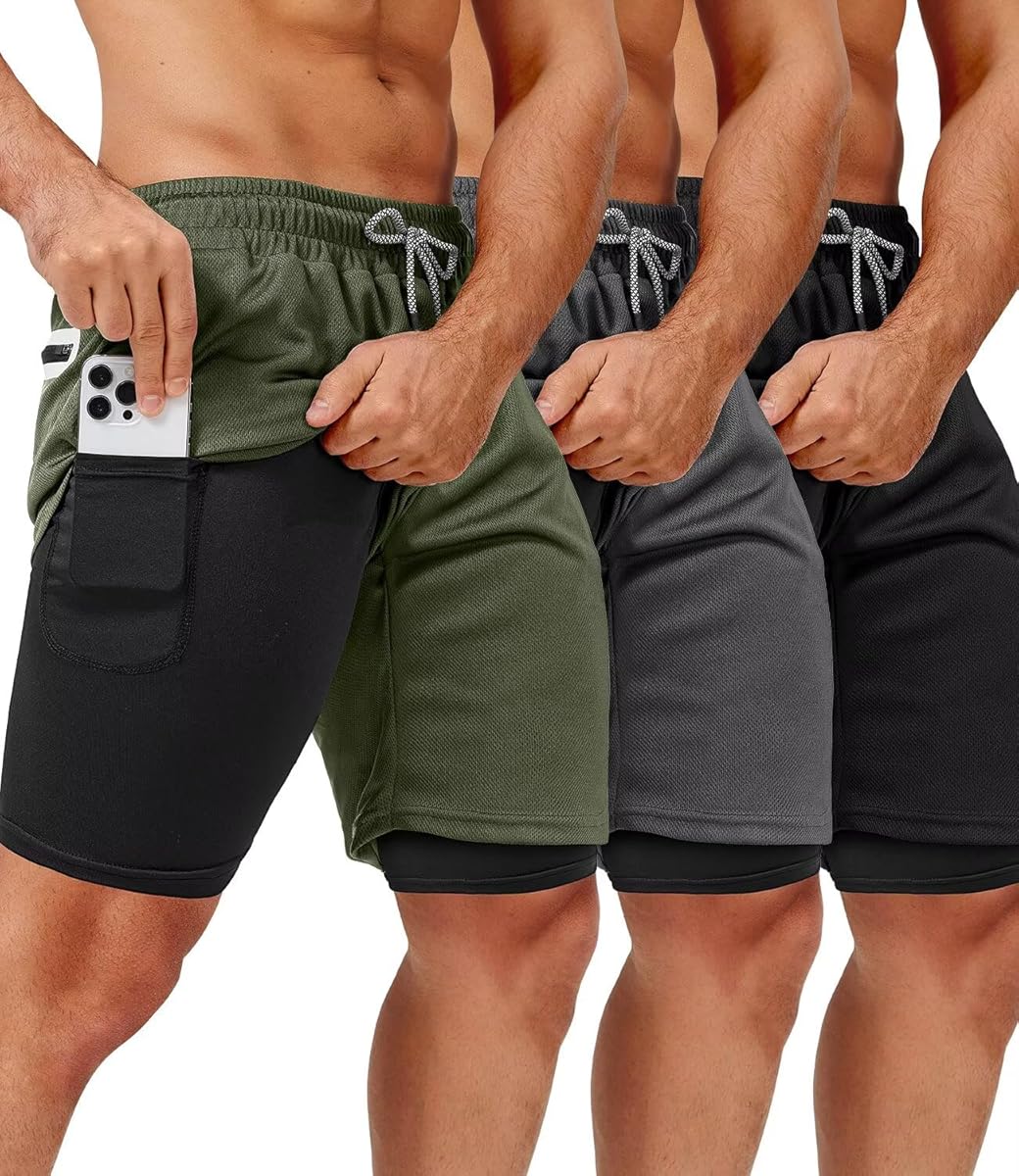 3 Pack Men's 2 In1 Gym Shorts Men with Pockets 7 inch Workout Shorts Men Running Shorts with Liner&Towel Loop
