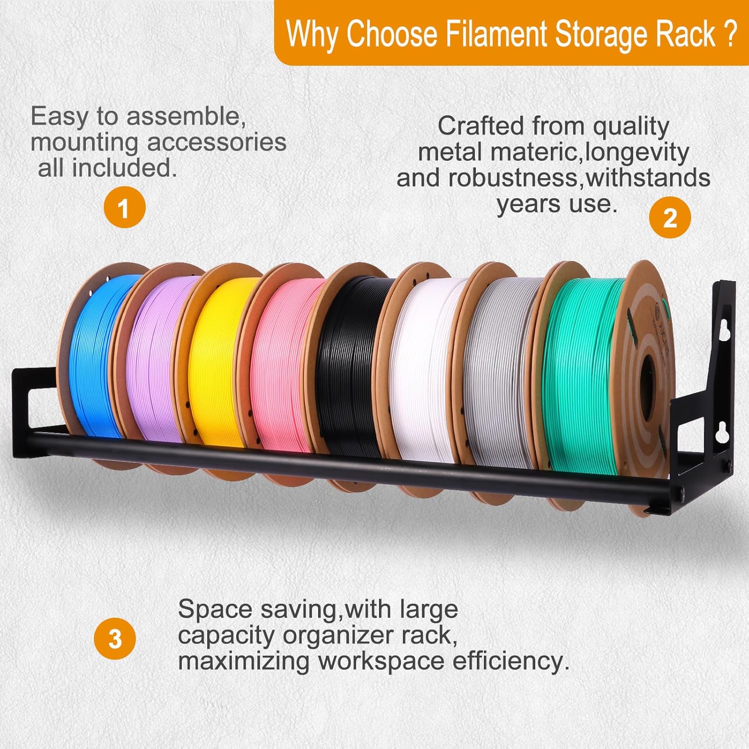 3D Printer Filament Storage Rack,2 PCS Wall Mount Filament Rack,Filament Storage,3D Filament Spool Holders ,Heavy Duty Metal Filament Holder Shelf, Filaments Organzied for 3D Printing Studio, Workshop