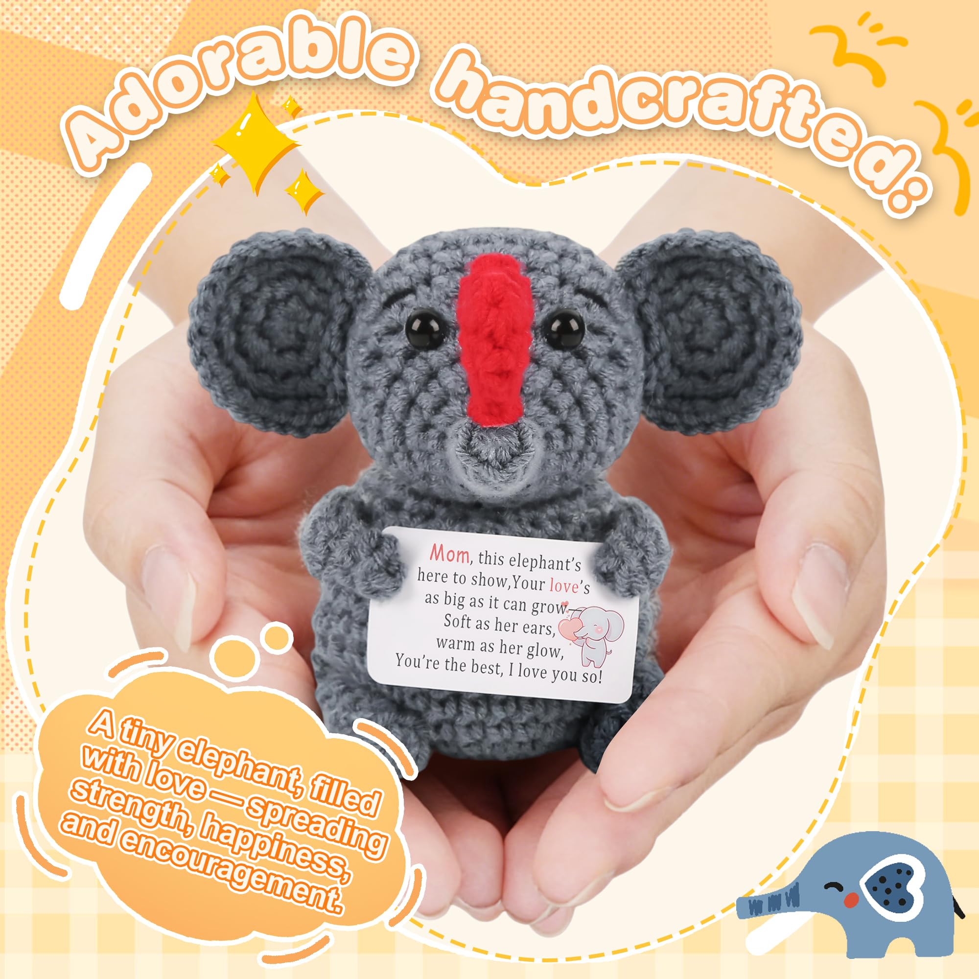 Positive Crochet Elephant Inspirational Christmas Birthday Gifts for Women Men Emotional Support Stocking Stuffers White Elephant Gifts Cute Decor for Mom Dad Daughter Sister Friend (Common)