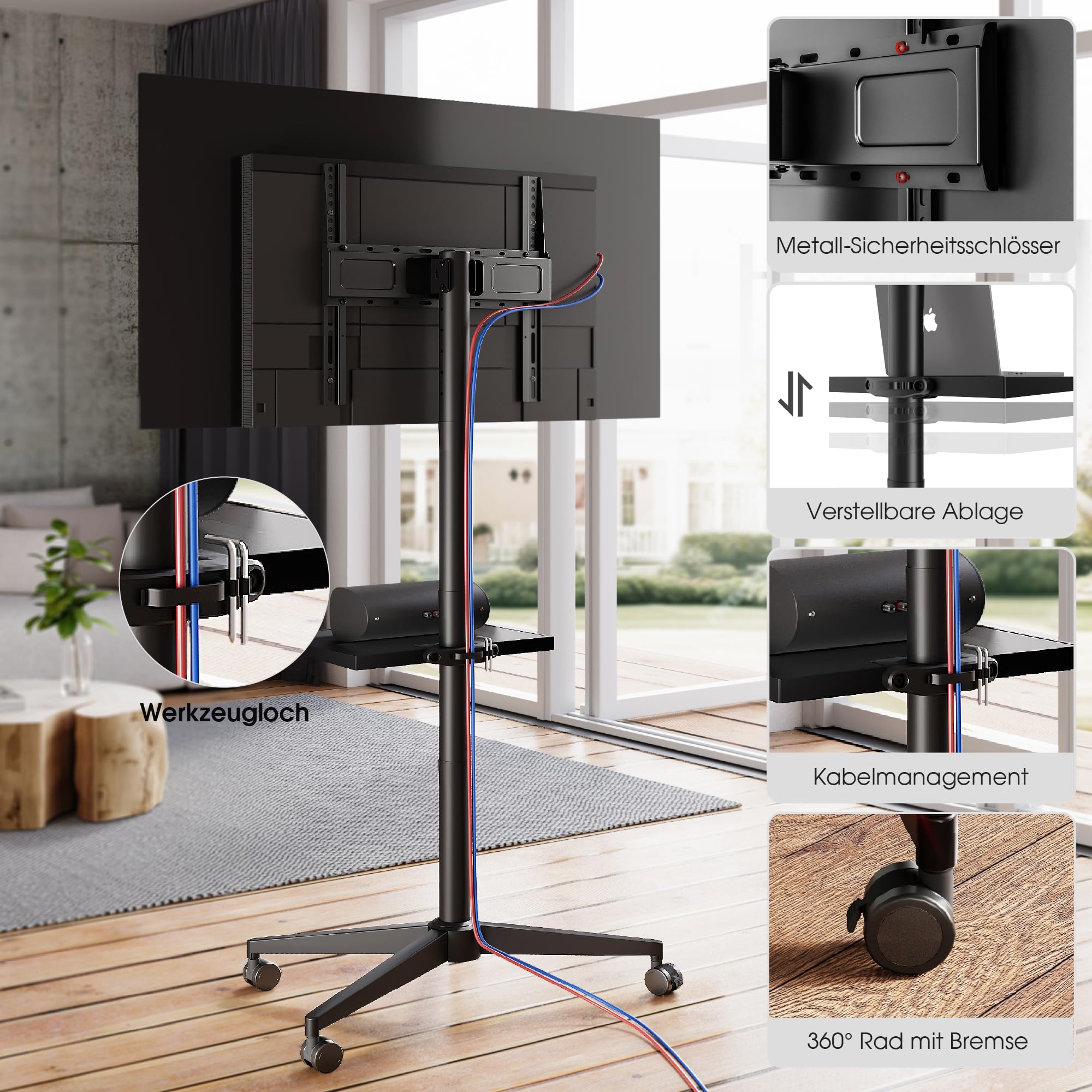 AOKCOS TV Bodenständer Rollbar mit Ablage, TV Ständer mit Rollen für 32-65 Zoll Fernseher bis 40 kg, TV Standfuss Höhenverstellbar Neigbar, Max VESA 400x400 mm, Einfache Montage