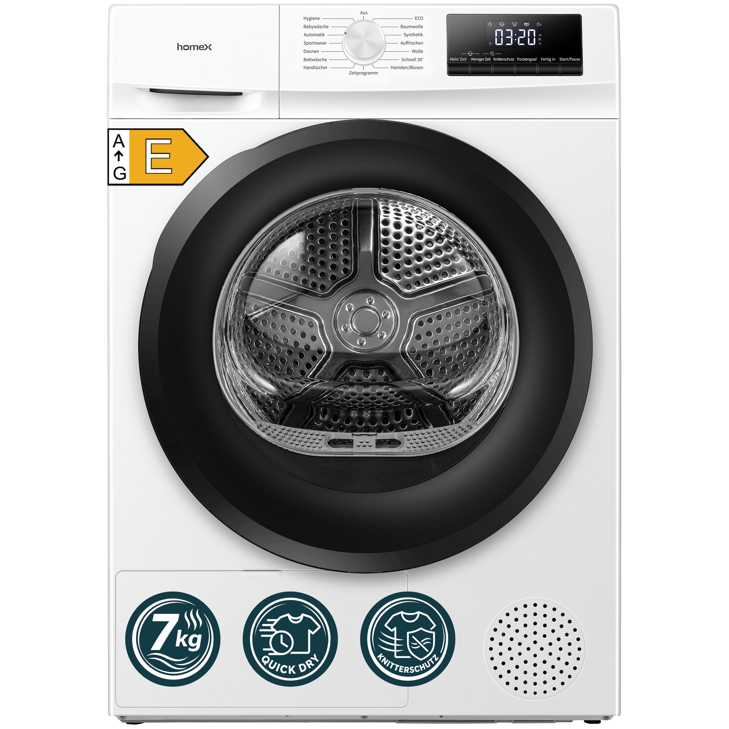 homeX WT7H1E-W Wärmepumpentrockner 7kg Wäschetrockner Knitterschutz weiß
