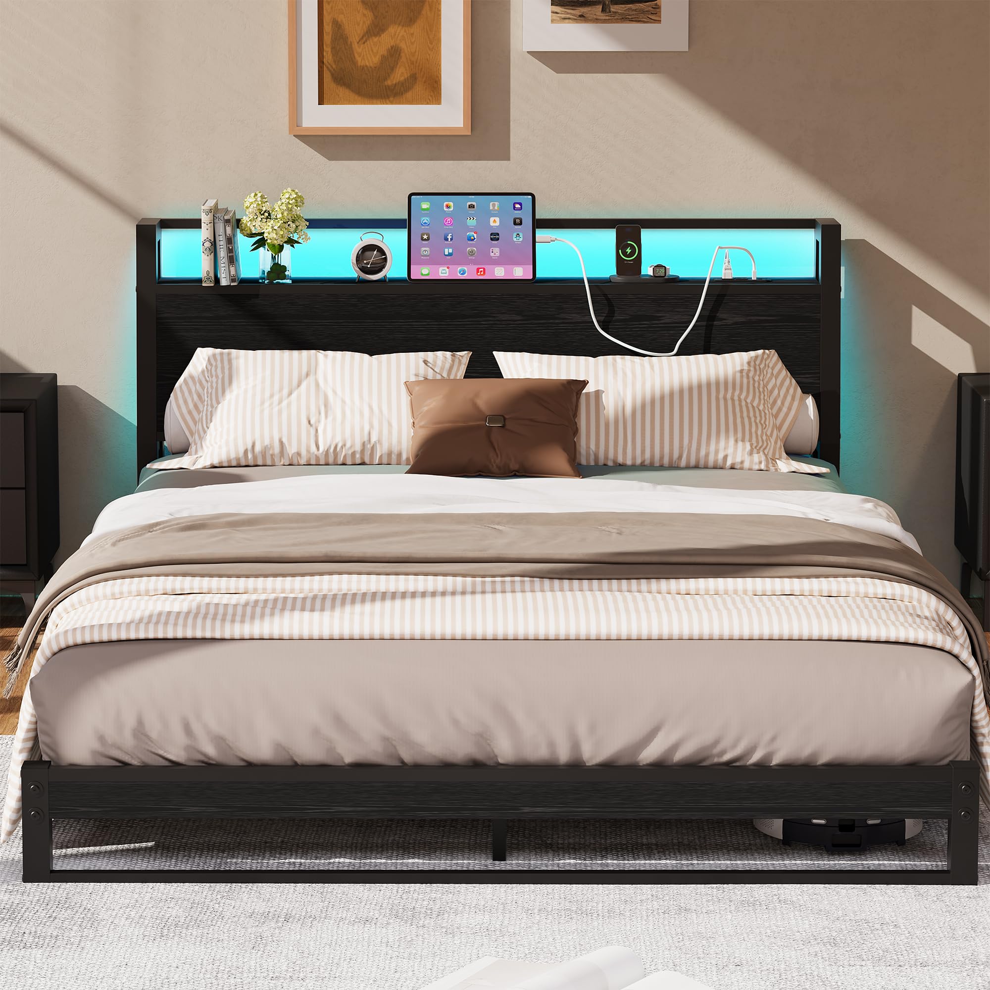 MUZERUL King Size Bed Frame with Ergonomic Storage Headboard and LED,Metal Platform Low Bed Frame King Size 5ft,Kingsize Floor Bed Base with Charging Station,No Box Spring Needed,Easy Assembly,Black