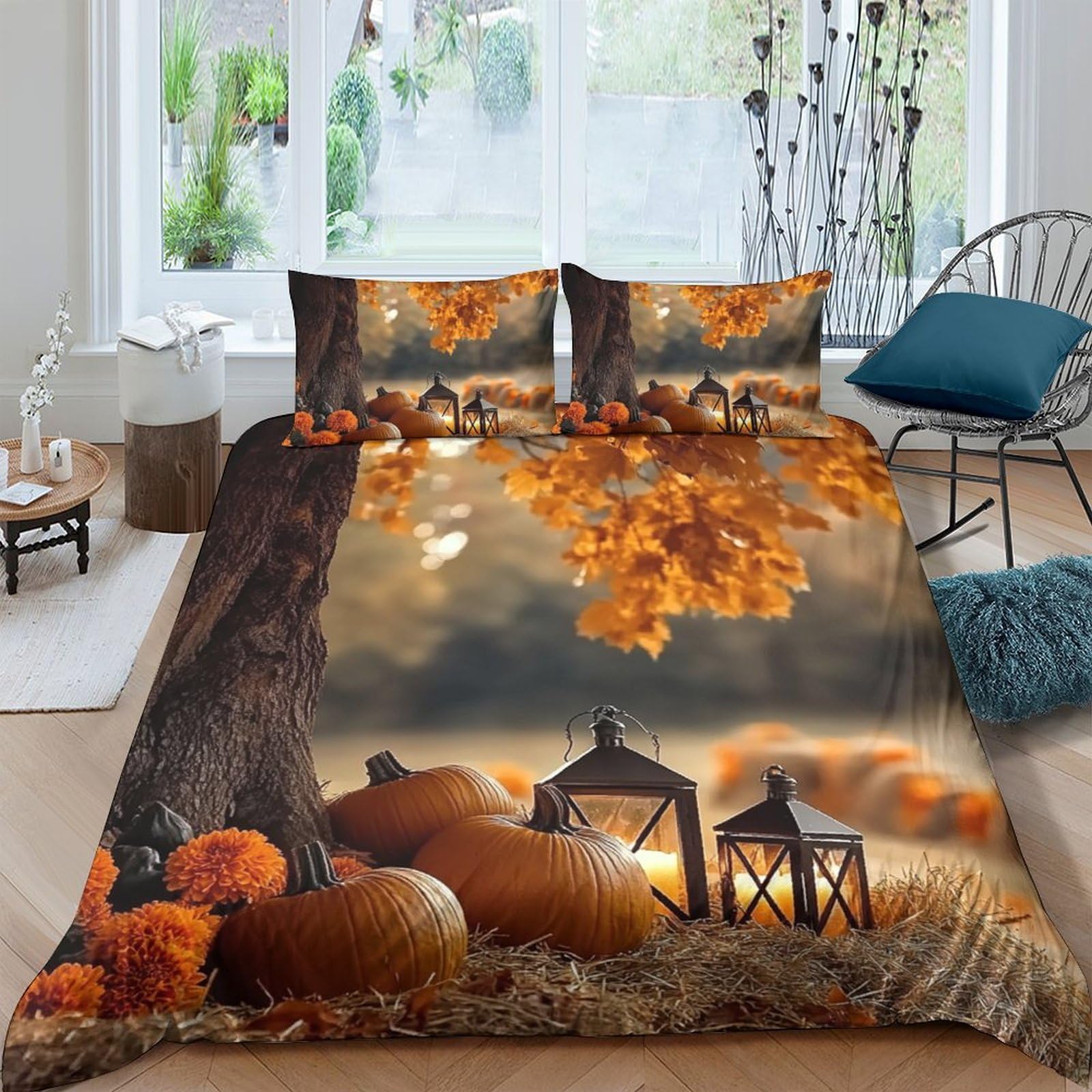 GPLZQXKJNH 3D Printed Autumn Leaves Duvet Cover Microfiber Soft Pumpkin Lantern Bedding Set with 2 Pillowcases for Bedroom Decor Single（135x200cm）