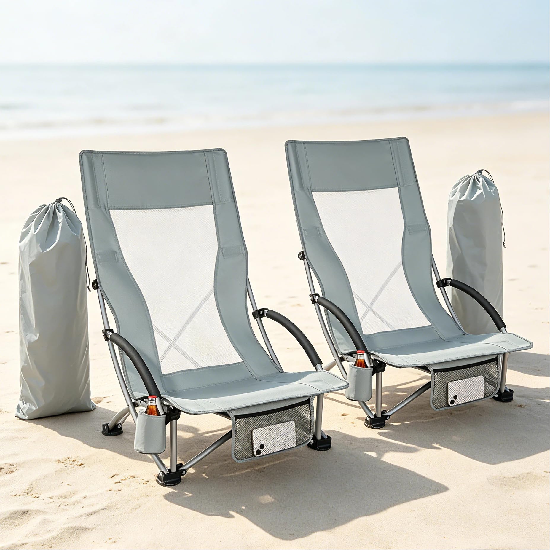 High Back Beach Chair 2 Pack, Breathable Full Mesh Low Folding Camping Chair, Lightweight Portable with Padded Armrests Cup Holder Headrest Carry Bag, Supports 100kg, for Beach Festival Picnic Garden