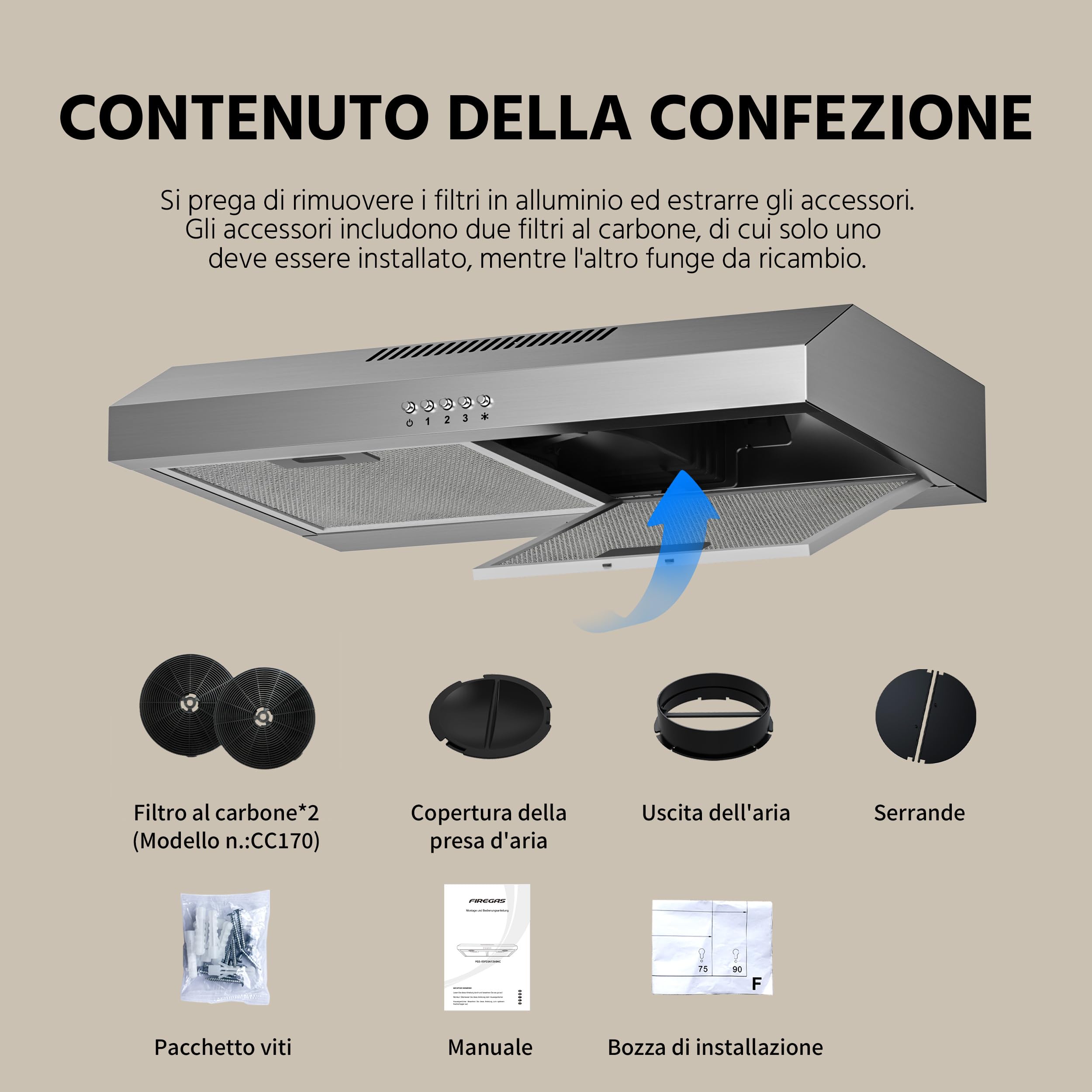 FIREGAS Cappa Aspirante 60 cm in Acciaio Inox, Classe A++ con Motore Brushless, Scarico Superiore o Posteriore, Cappa Cucina con 2 Filtri a Carbone Inclusi, Modalità Ricircolo o Aspirante