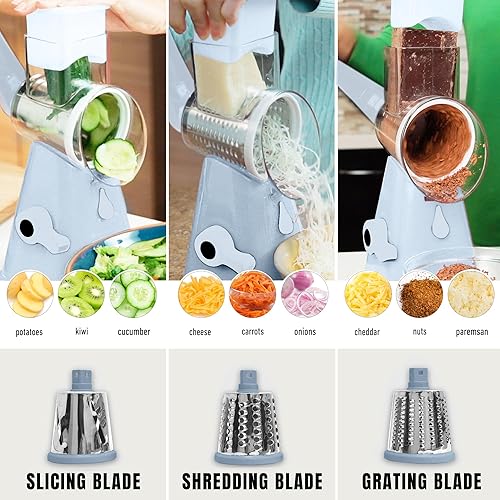 Miniatura 4 de EMSON Rallador giratorio de queso, manivela de mano, ralladores giratorios de acero inoxidable para cocina con 3 cuchillas, cortador de verduras,
