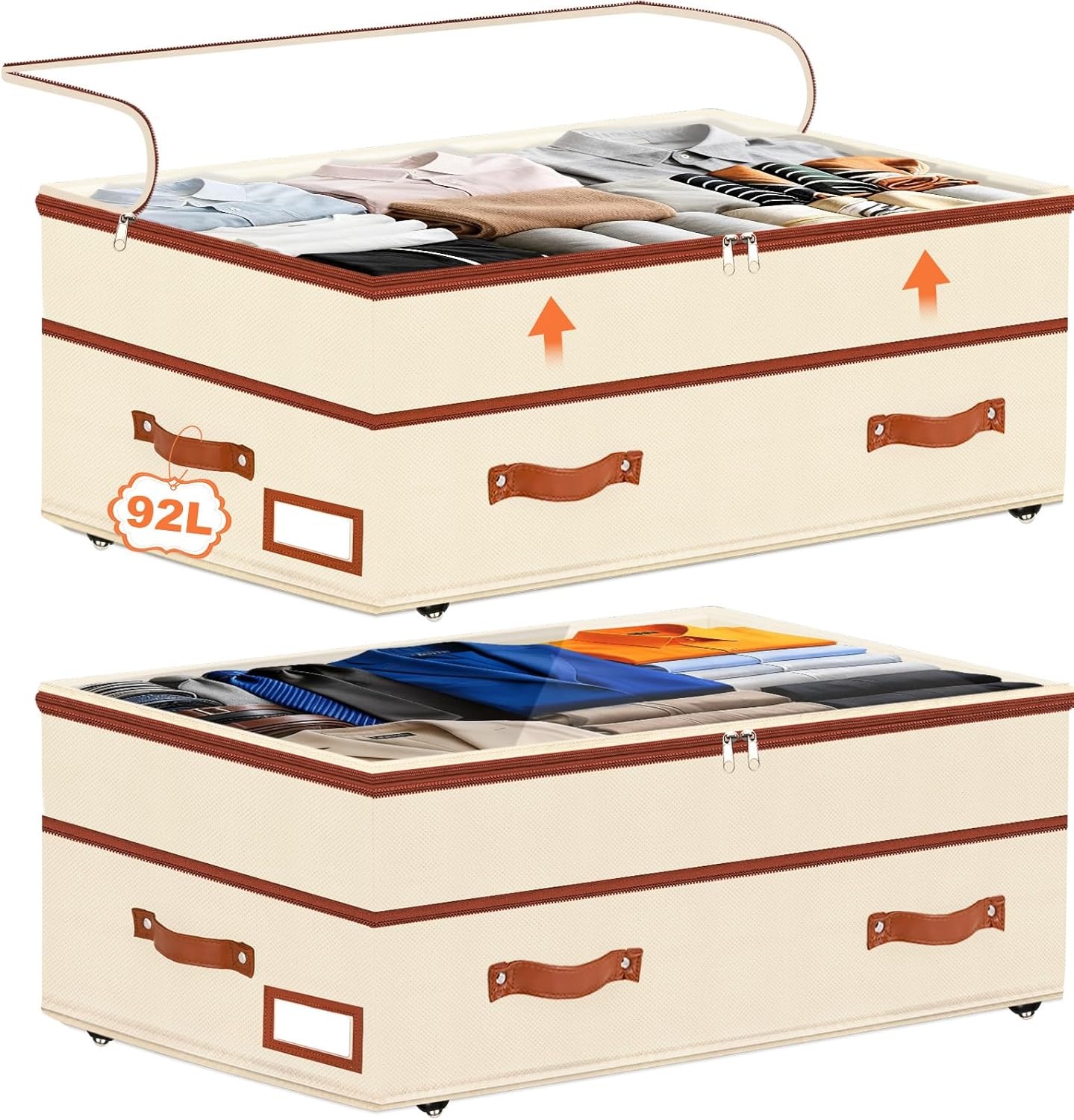 Dolicer 2 Pack Under Bed Storage with Wheels, 6in-10in Height Adjustable Underbed Storage Containers, 92L XXXL Under Bed Drawers Rolling Bin with Clear Lids for Dorm Shoes Clothes Organizers(Beige)