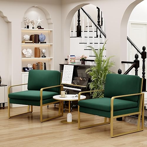 Miniatura 3 de Andeworld Juego de 2 sillas decorativas de terciopelo, sillones de sala de estar de mediados de siglo, sofá moderno tapizado con patas doradas de