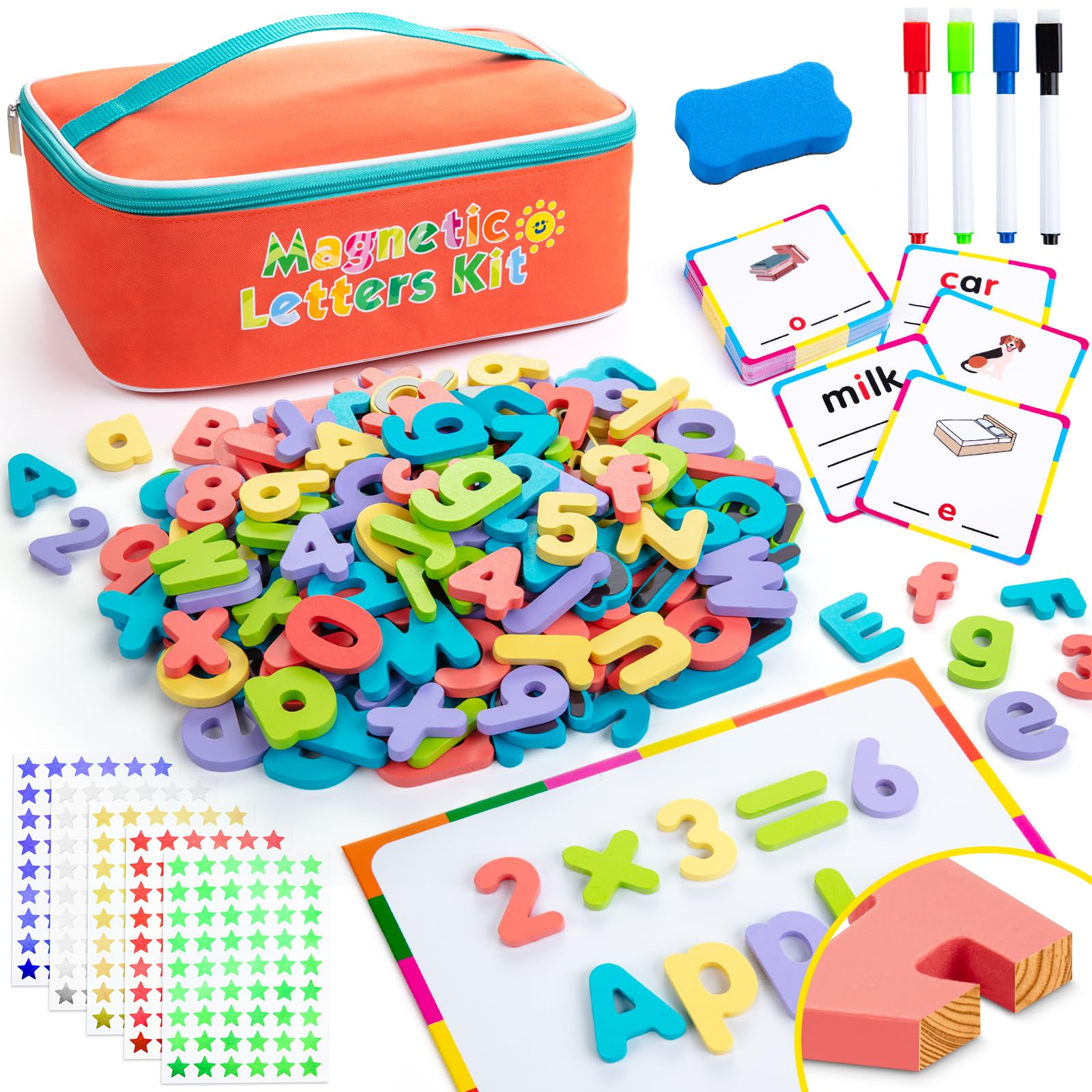 EFO SHM Classroom Magnetic Letters, 278 Pcs Wooden Alphabet Magnets with Double Sided Magnet Board Word Cards, Magnetic Letters and Numbers for Kids