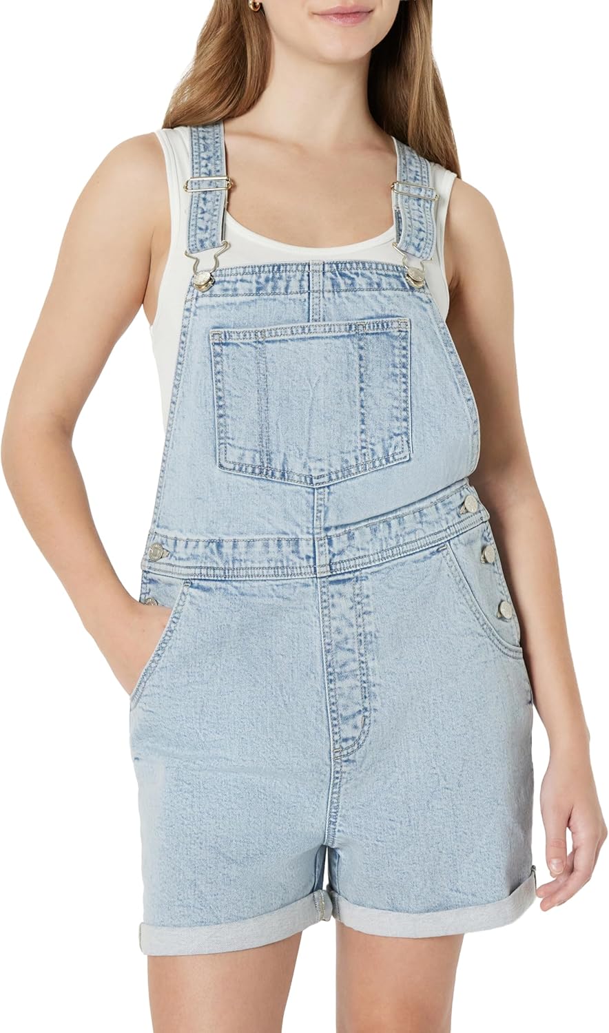 Amazon Essentials Women's Women's Medium Stretch Relaxed-Fit Denim Short Overalls with Adjustable Straps