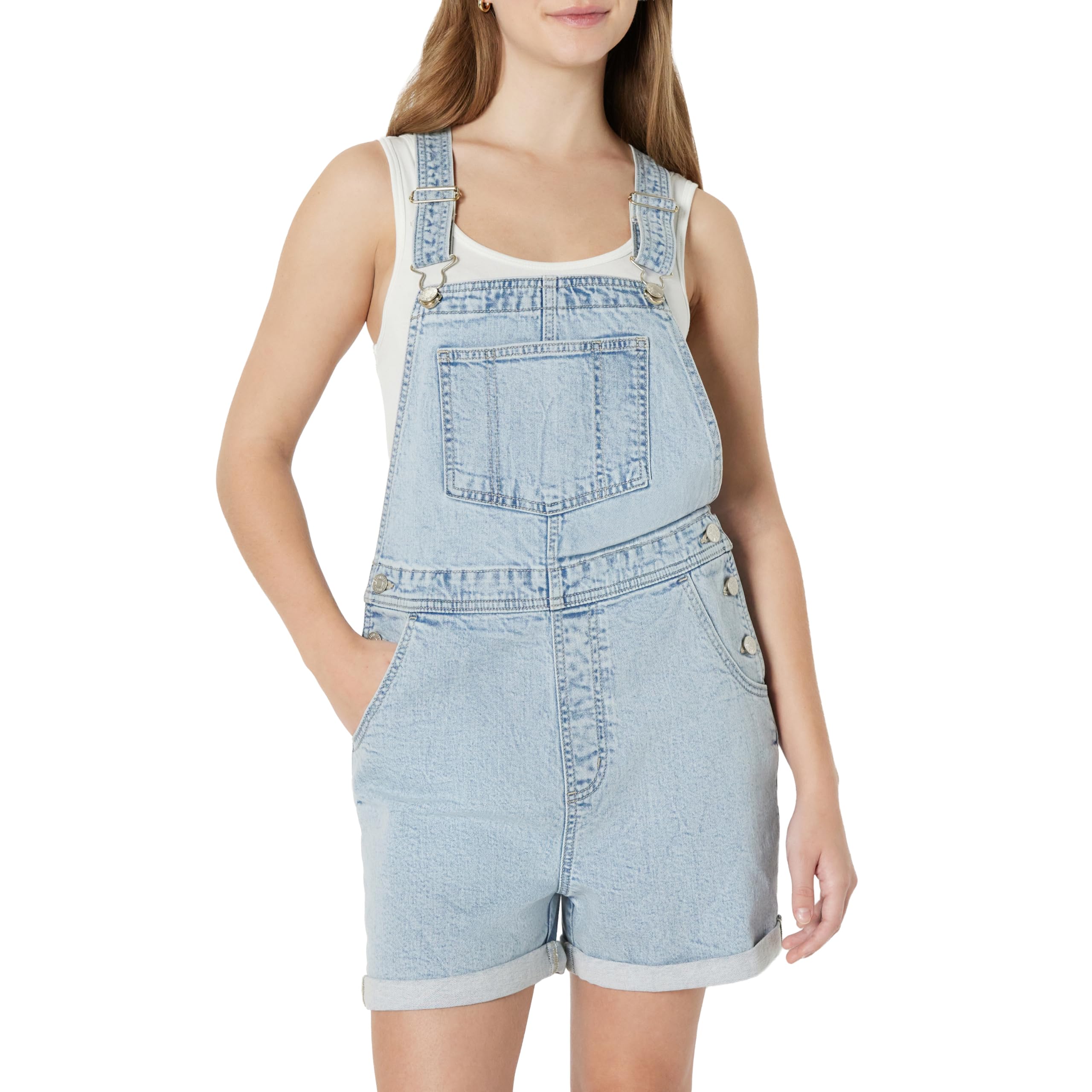 Amazon Essentials Damen Kurze Relaxed-Fit-Denim-Latzhose mit Mittlerem Stretchanteil