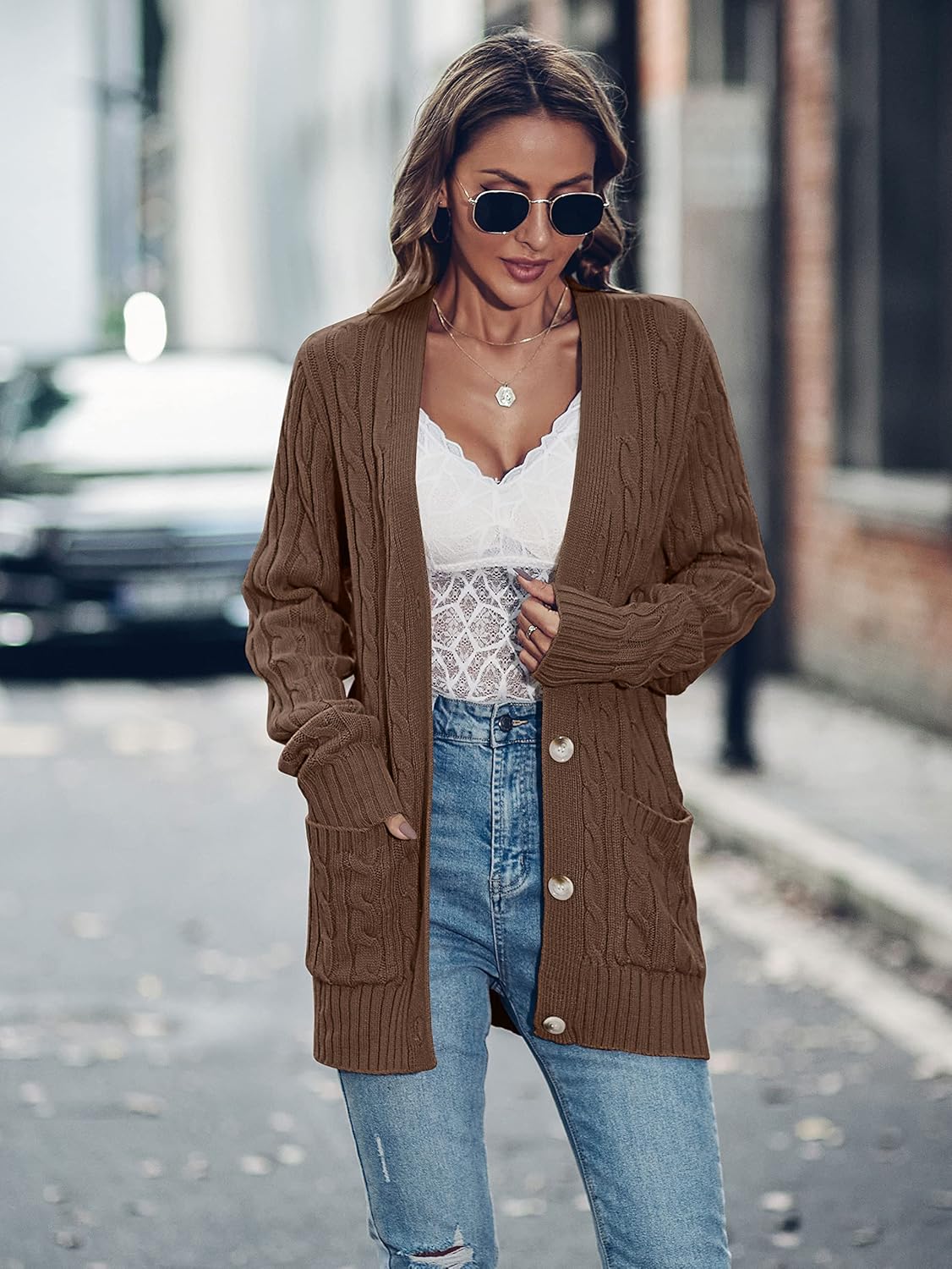 MEROKEETY Cardigan Sweater for Women 2026 Fall Winter Spring Cable Knit Button Up Open Front Long Sleeve Coat - Image 4