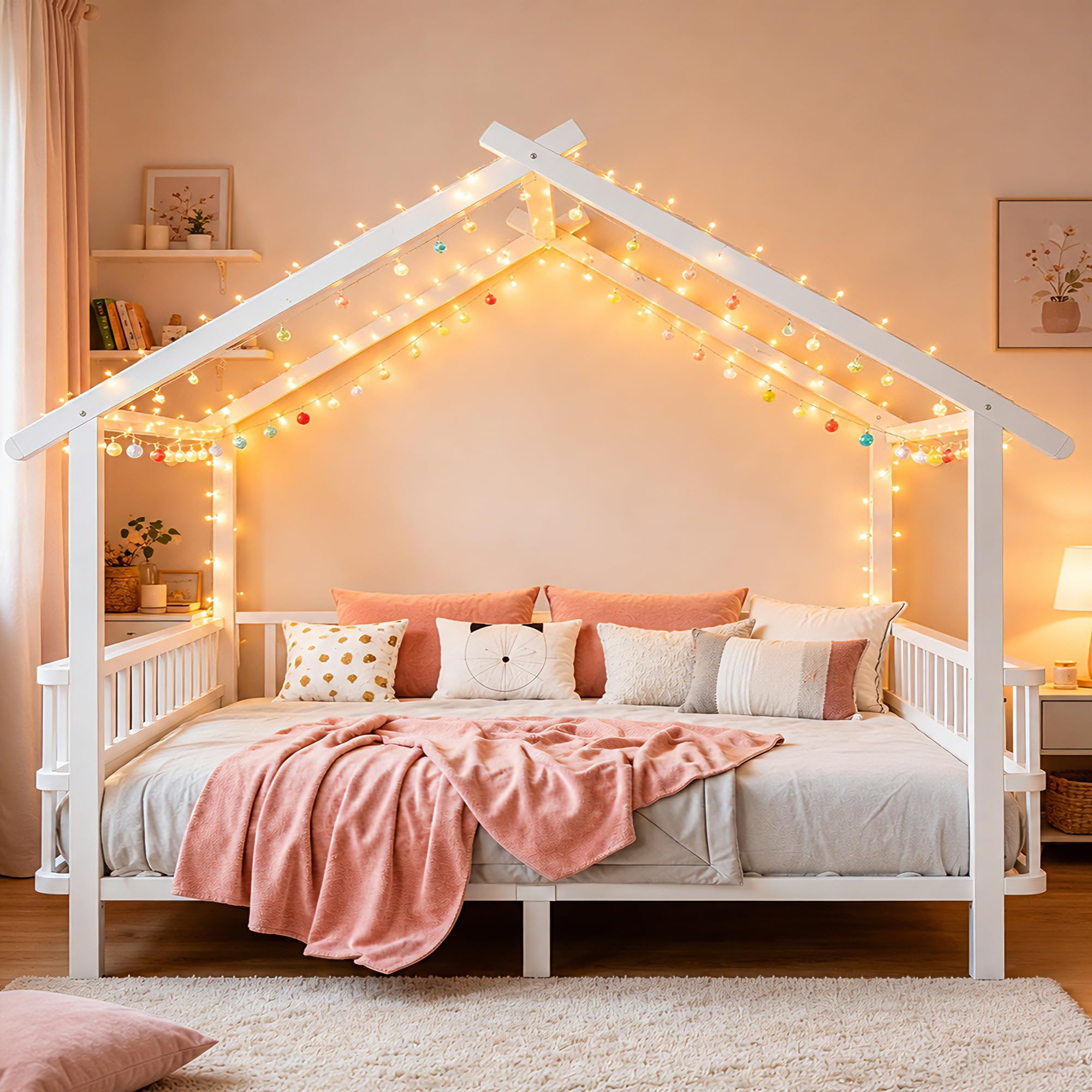 Merax Kinderbett aus Metall in Hausform 140x200 cm mit Sicherheitsgitter & Dachdesign – Weiß (Ohne Matratze)