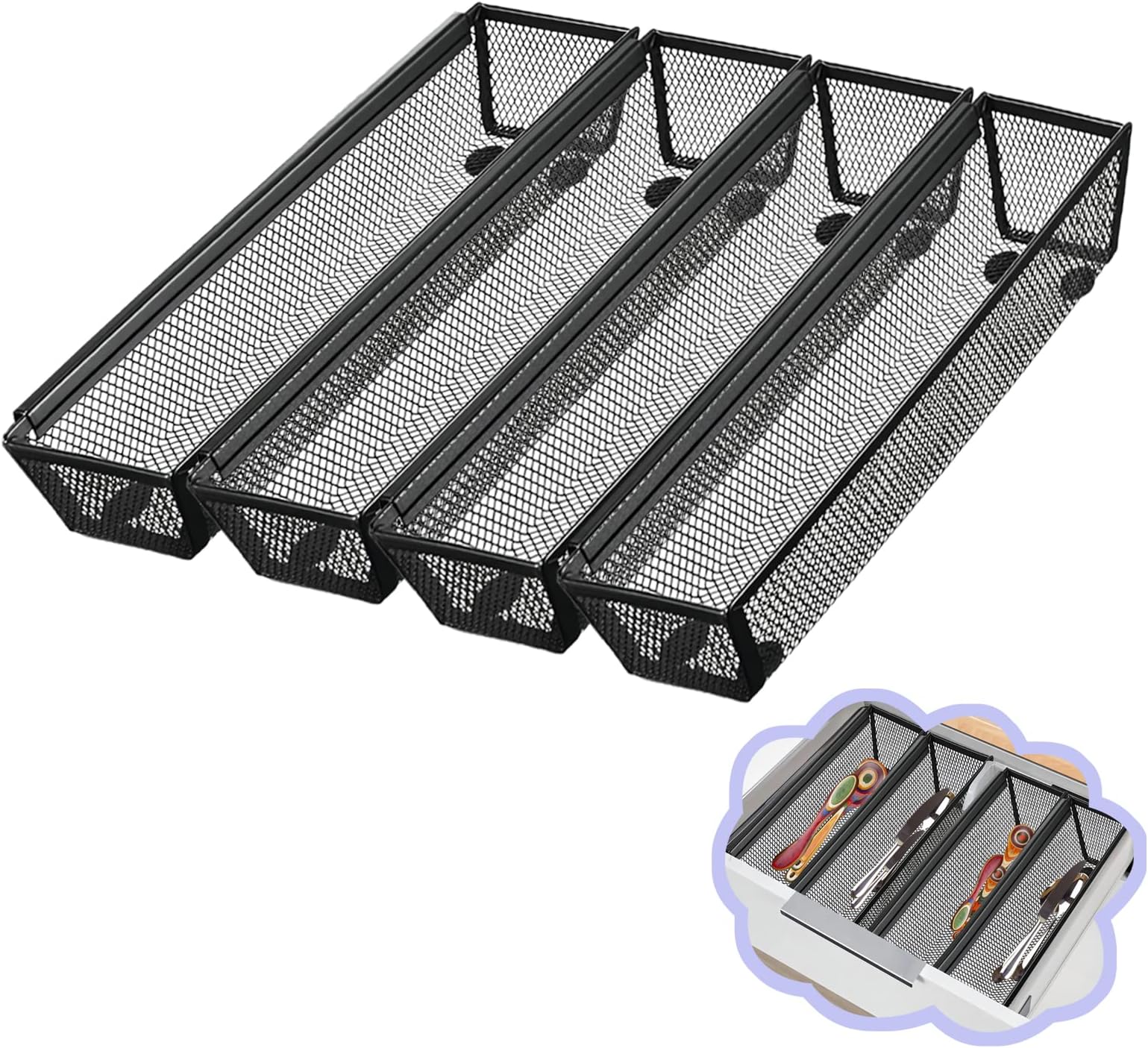 4PCS Drawer Organizer for Kitchen, Utensil Mesh Organizer With Interlocking Arm for Cosmetic, Flatware, Pen (12 * 3 * 2 Inches, Black)