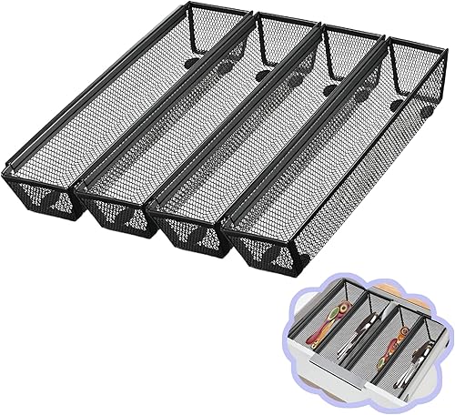 Fodofodo 4 organizadores de cajones para cocina, organizador de cajones de malla para utensilios con brazo entrelazado para cosméticos, cubiertos,