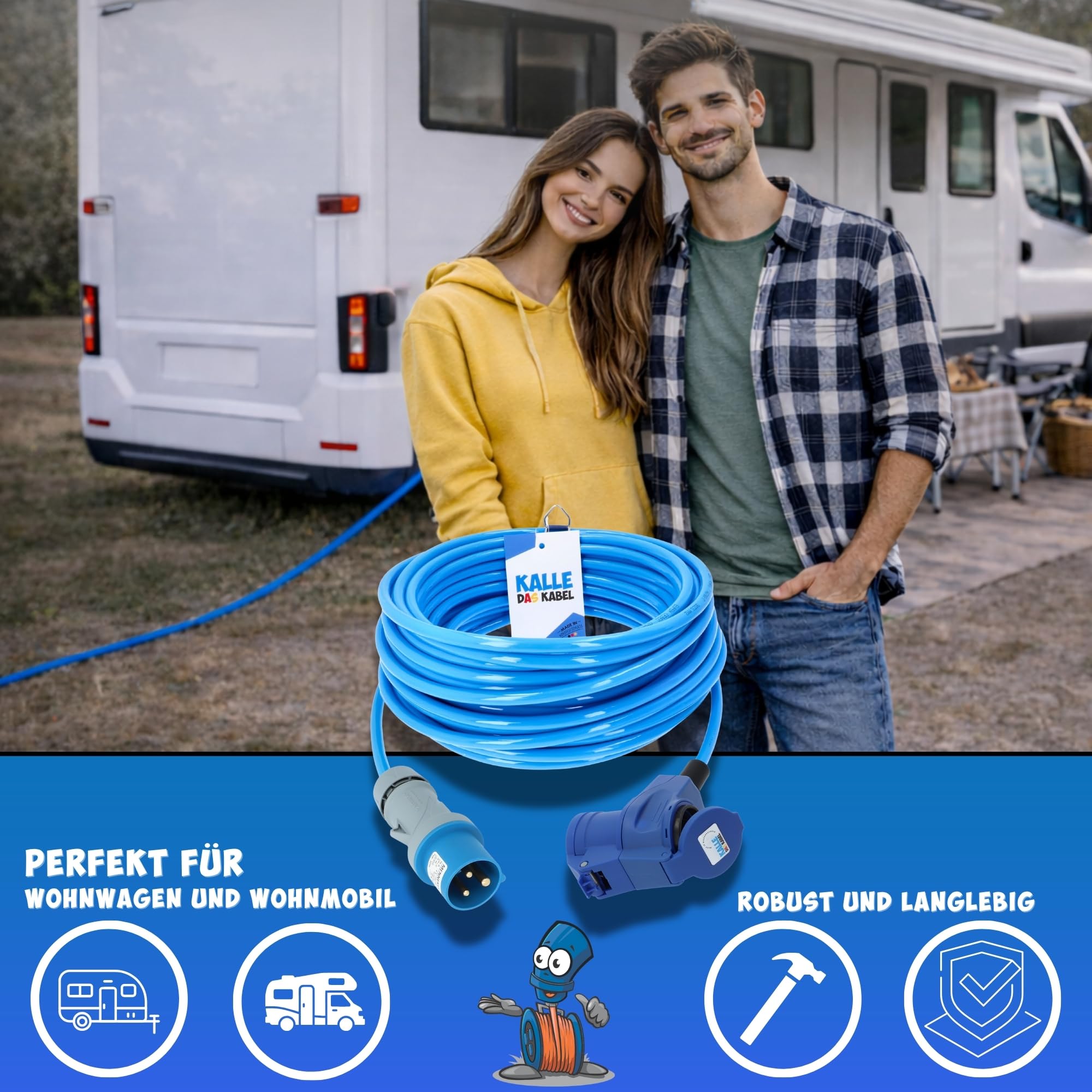 KALLE DAS KABEL CEE Verlängerungskabel 230V 16A – H07BQ-F 3G 2,5 mm², CEE Stecker auf CEE Winkelkupplung mit Schukosteckdose & LED Spannungsanzeige, IP44, Signal Blau, Camping Caravan 20 Meter