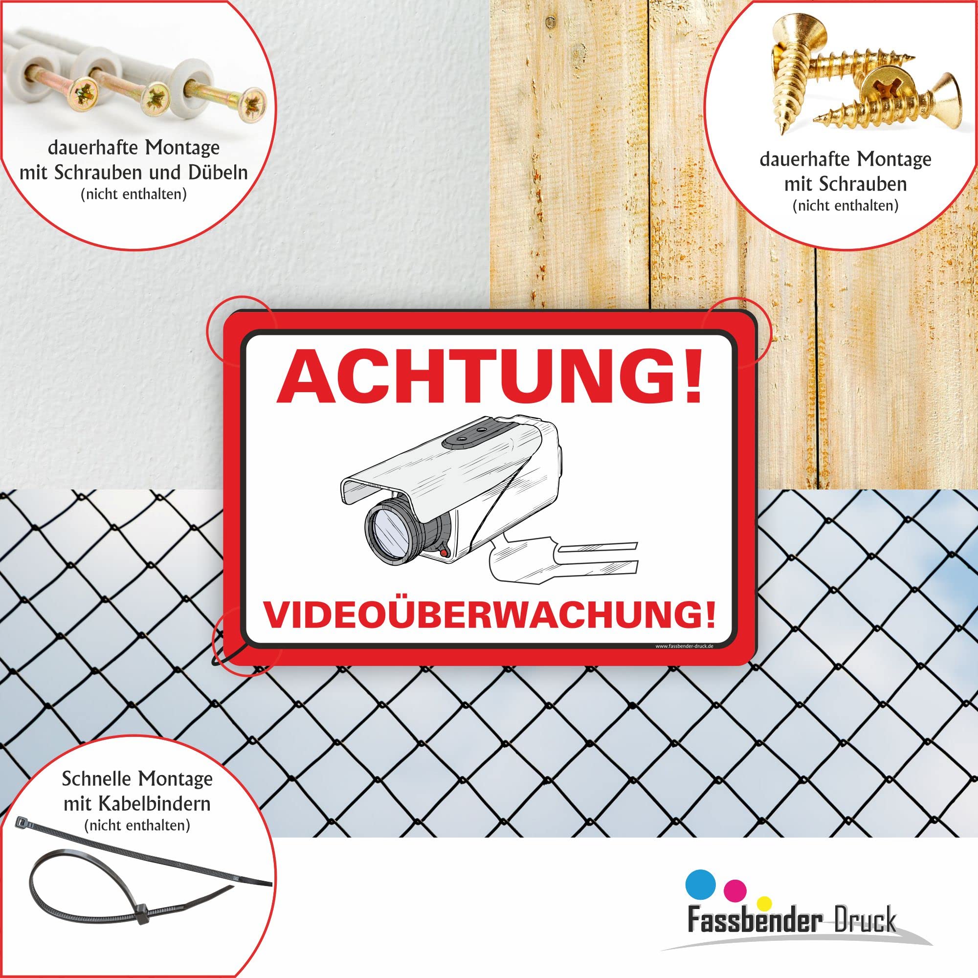 ACHTUNG VIDEOÜBERWACHUNG vorgebohrtes Schild zum Markieren eines videoüberwachten Bereiches - Videoüberwachungsschild mit Bohrlöchern - (60x40cm SCHILD)