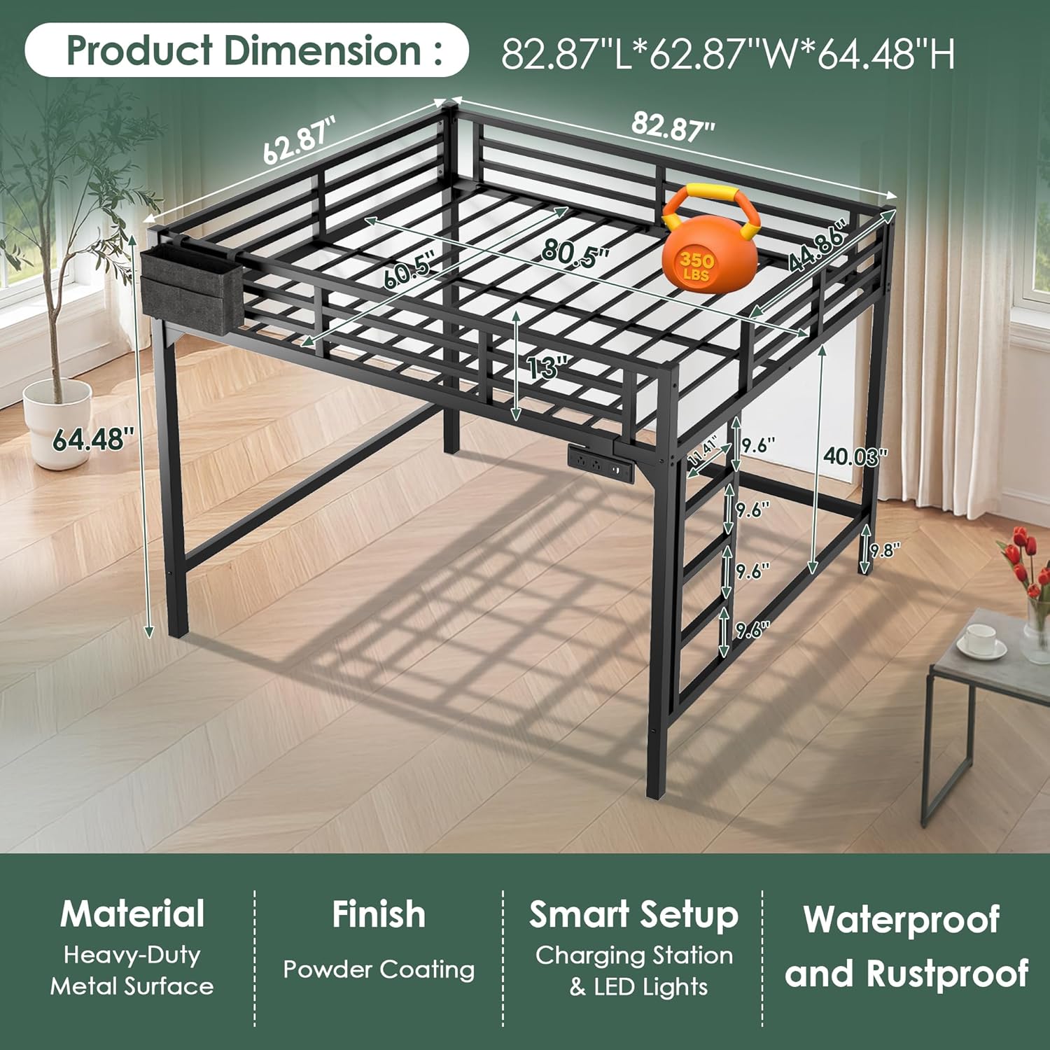 Queen Size Loft Bed with Charging Station & LED Lights Heavy Duty Metal Bed Frame with Storage Pocket, Ladder and Guardrail Reinforced Queen Size Loft Bed Space-Saving for Adults Guest Room Dorm Black