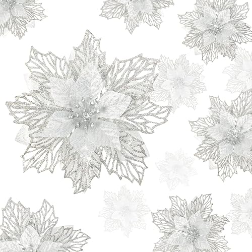 24 piezas de flores de Pascua artificiales con purpurina en capas, flores de Navidad artificiales para boda, árbol de Navidad y Año Nuevo (plateado)