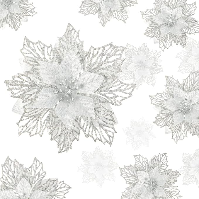 Geosar 24 Pieces Christmas Glitter Poinsettia Flowers Layered Artificial Xmas Flowers Wedding Christmas Tree New Year Ornaments 3/4/6 Inch(Light Green)