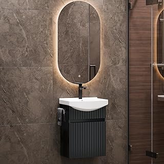 Planetmöbel Washbasin with Base Cabinet 45 cm Including Ceramic Wash Basin and Bathroom Mirror with Lighting Oval Guest To...