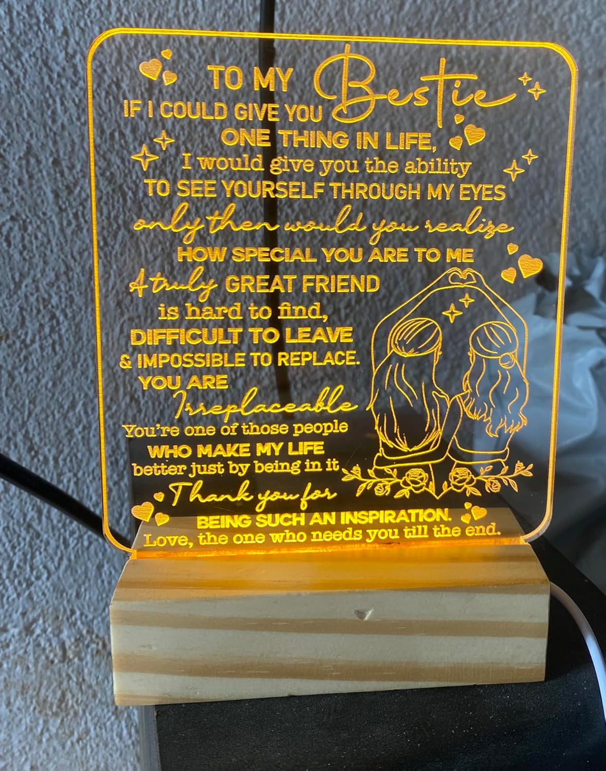 Bestie Gifts Heartfelt LED Night Light for Best Friend - Bestie Birthday Gifts - USB Powered Lamp with Pinky Promise Design and Touching Message - Wooden Base - Perfect Friendship Gift for Home Decor - Image 5