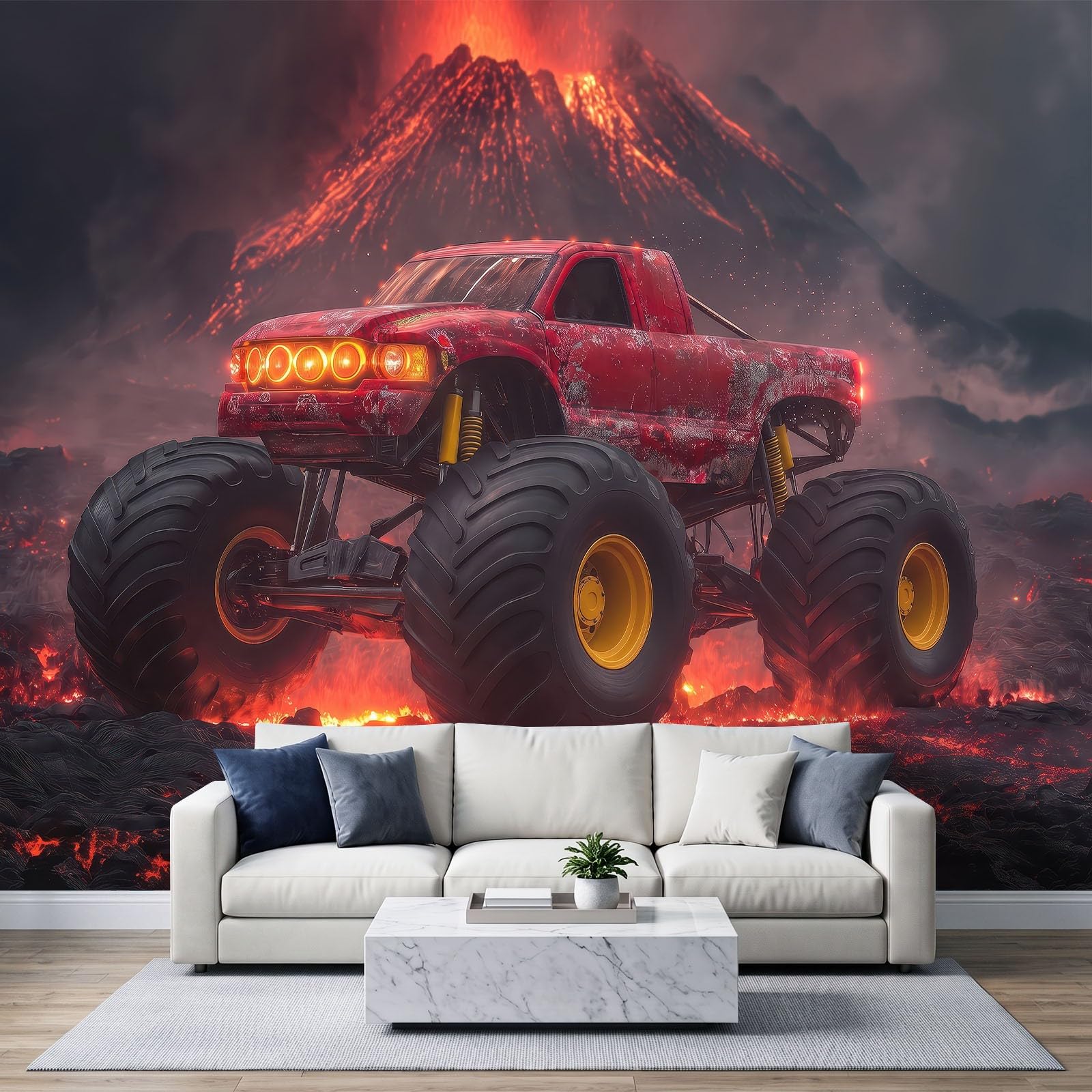 3D Rendering Wall Mural 300x210cm, Monster Truck Volcanic Lava Teenager Boys Poster Mural, HD 3D Print Non-Woven Photo Wallpaper, Modern Living Room Bedroom TV Backdrop Wall Decoration