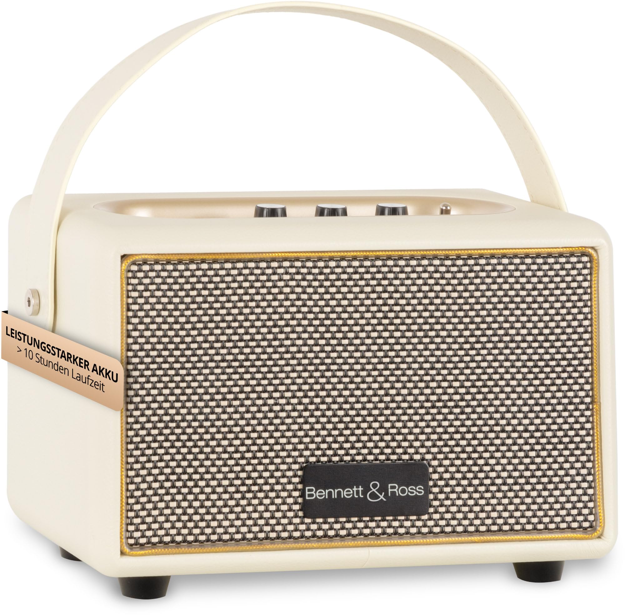 Bennett & Ross BB-820CW Blackmore Junior - Altavoz retro Bluetooth con aspecto de cuero y batería de 5200 mAh - Altavoz vintage 20 W - Entrada MicroSD reproductor MP3 - Entrada auxiliar - Blanco crema